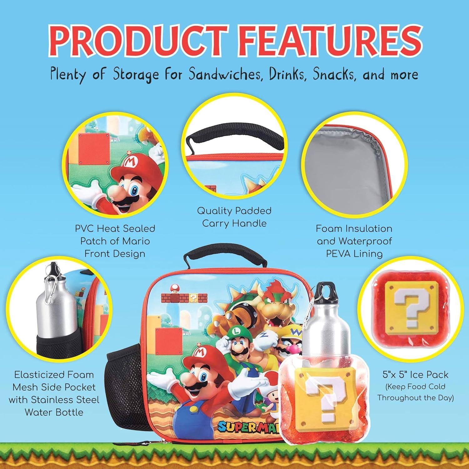 Set Almuerzo Super Mario - Caja, Botella Acero Inoxidable 4 Pzs