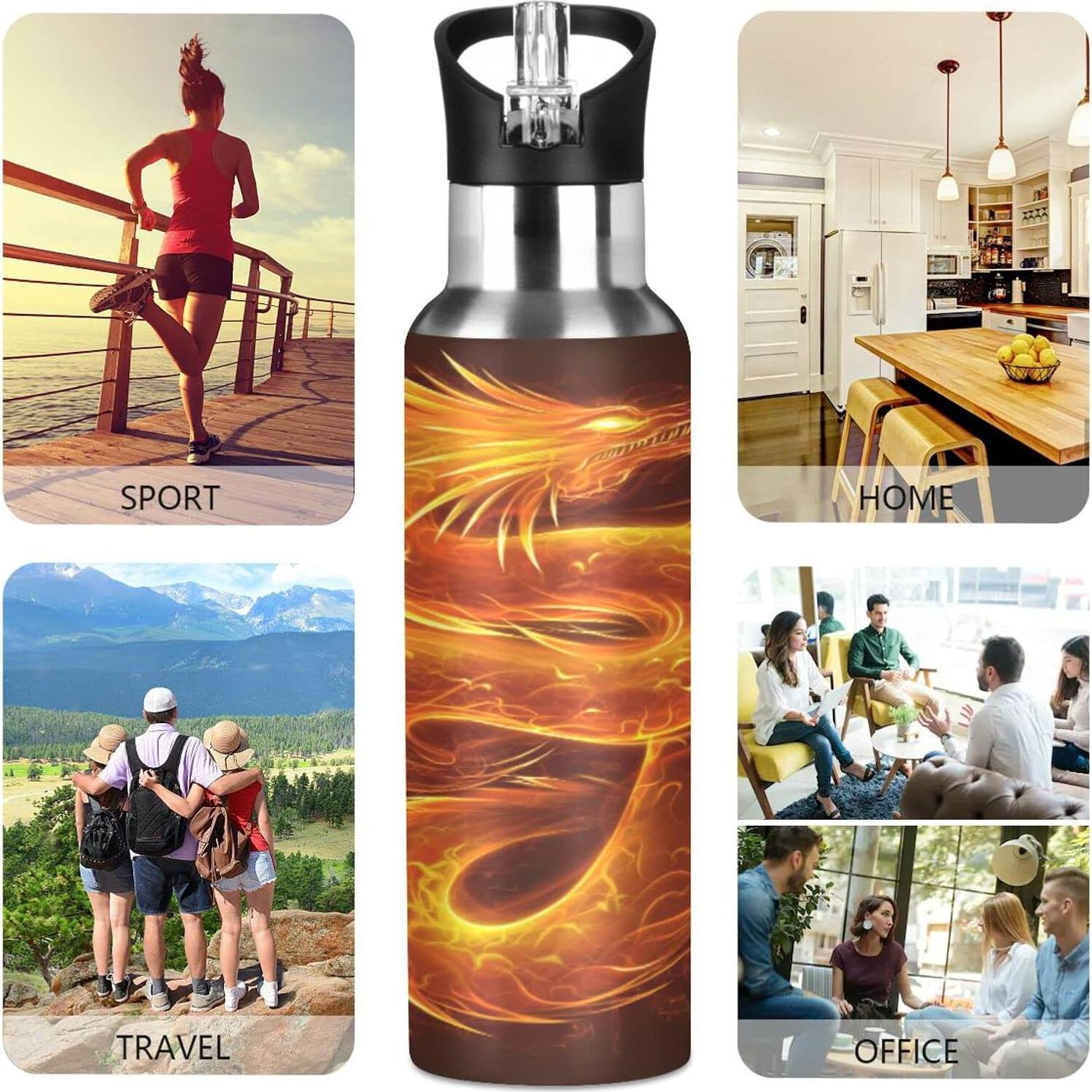 Botella de Agua Aislada MFTJYO Dragón 600 ml con Popote