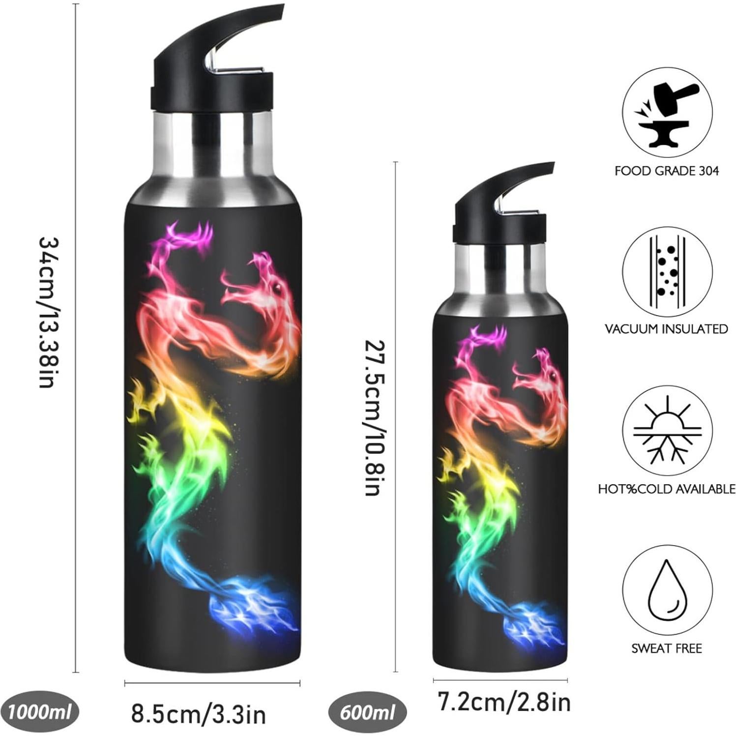 Botella de Agua ALAZA 600ml Dragón Arcoíris Aislada Acero Inoxidable