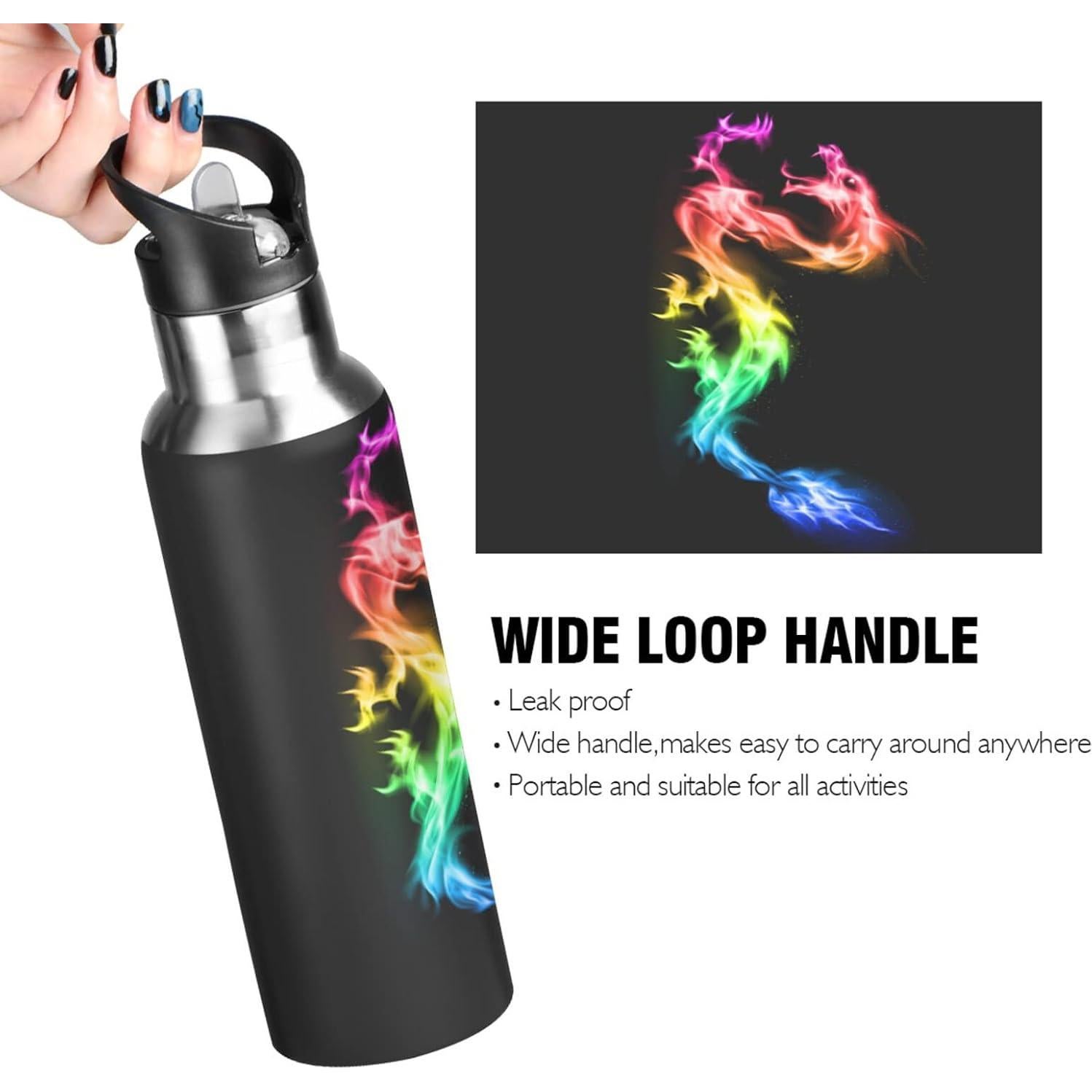 Botella de Agua ALAZA 600ml Dragón Arcoíris Aislada Acero Inoxidable