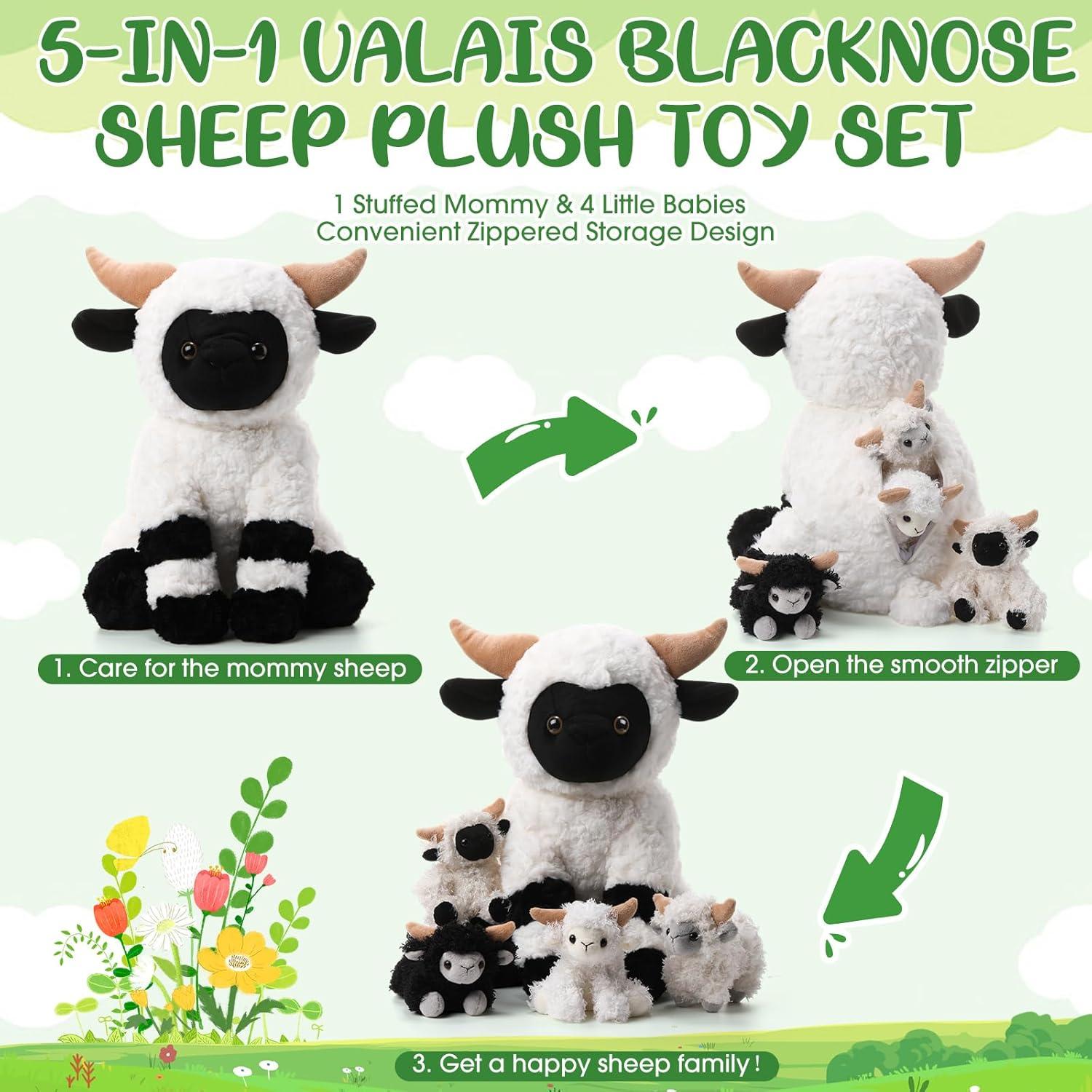 Conjunto de Peluches Oveja Lenwen 35 cm con 4 Corderitos