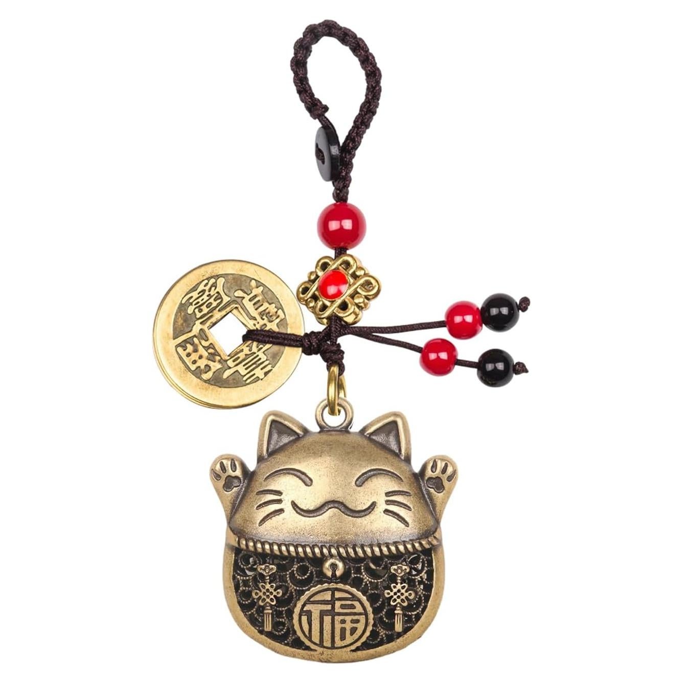 Llave de gato de la suerte Maneki Neko de latón con monedas Feng Shui