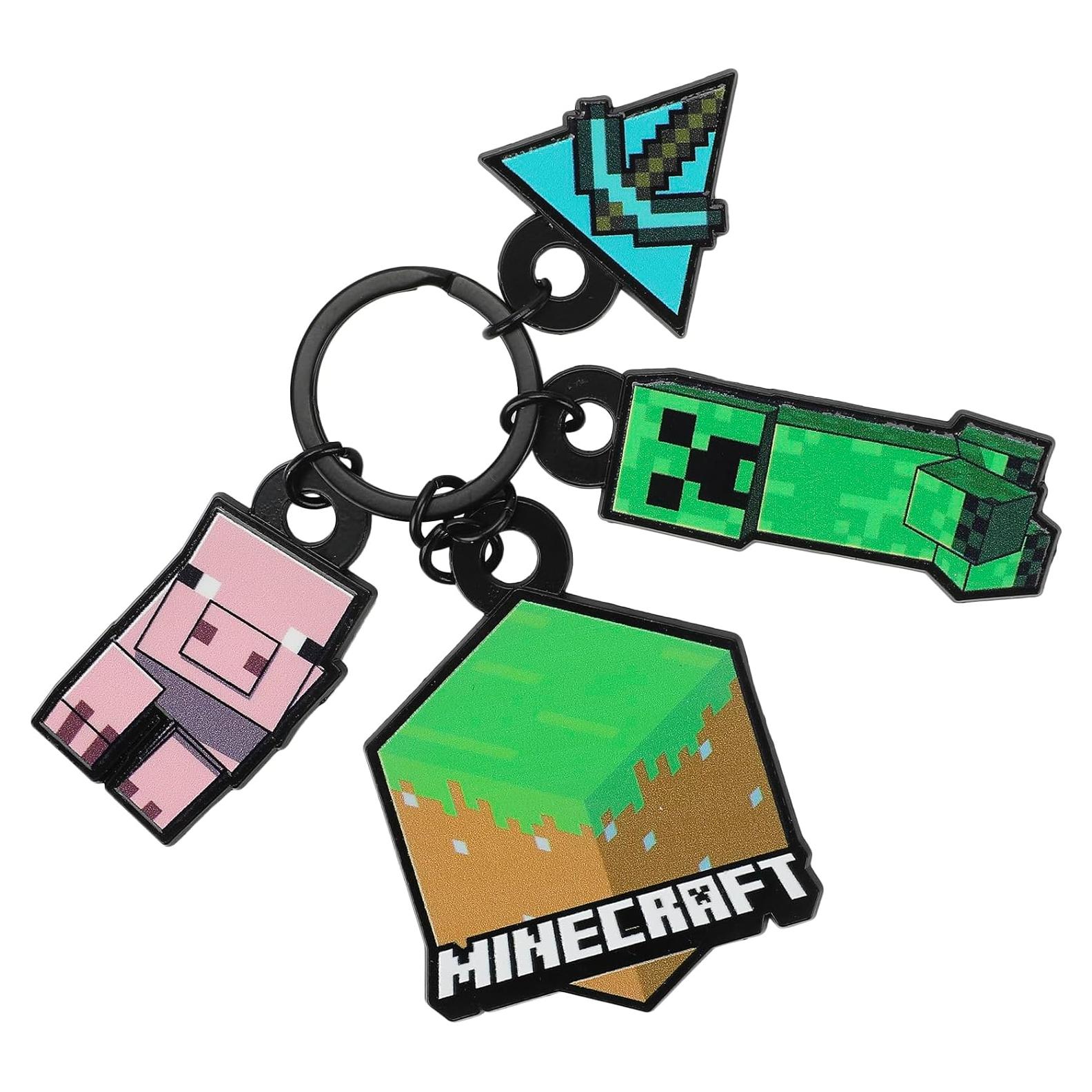 Llave con 4 charms Minecraft - Cerdo, Creeper, Pico, Tierra