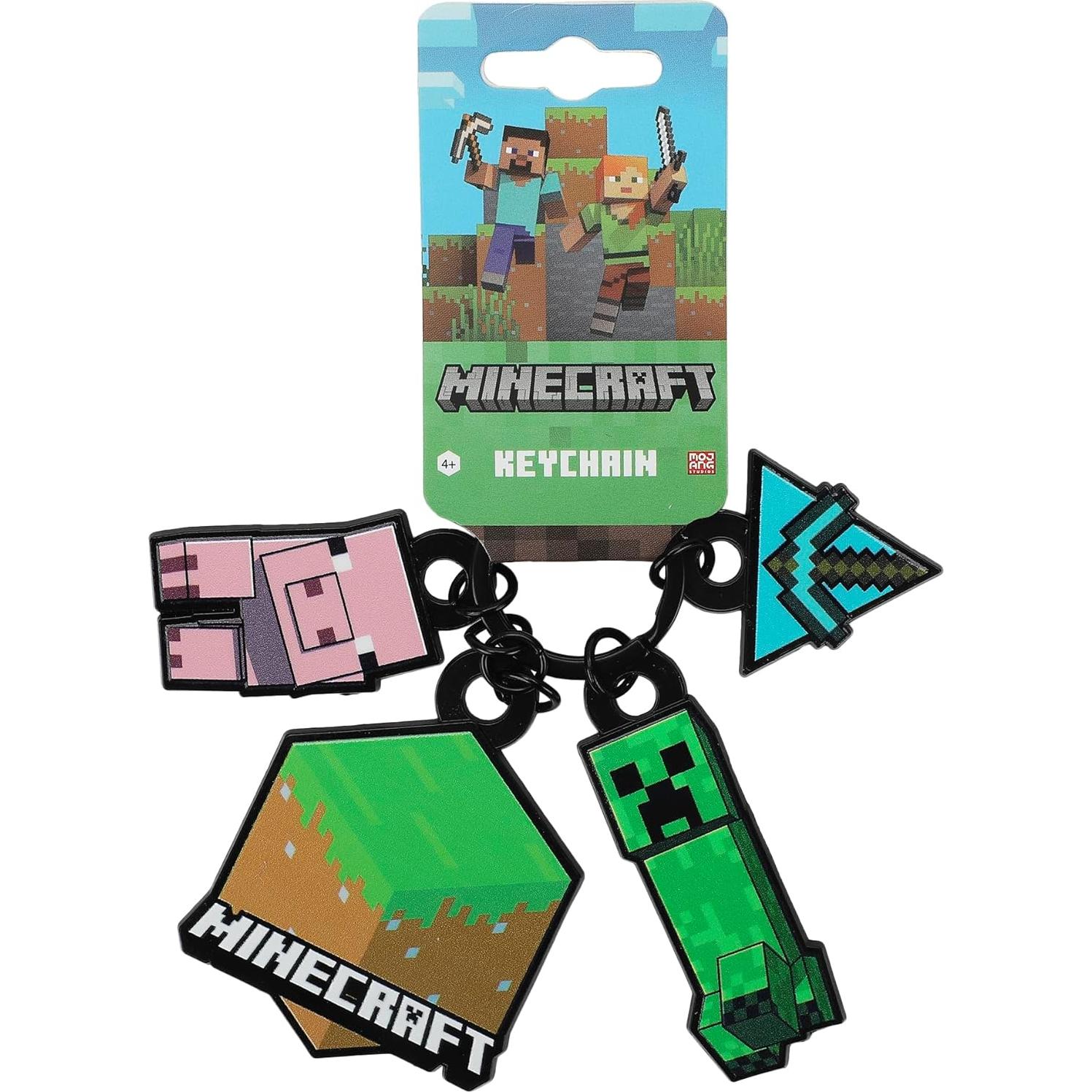 Llave con 4 charms Minecraft - Cerdo, Creeper, Pico, Tierra