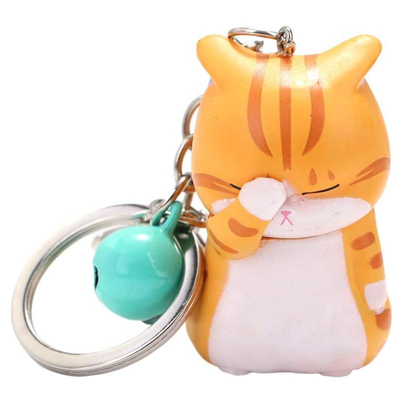 Llavero de Gato Tímido Naranja con Anillo de Metal Dorado