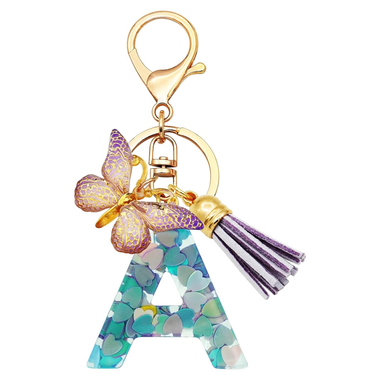 Llavero Inicial Personalizado Rosa Púrpura Verde Mariposa