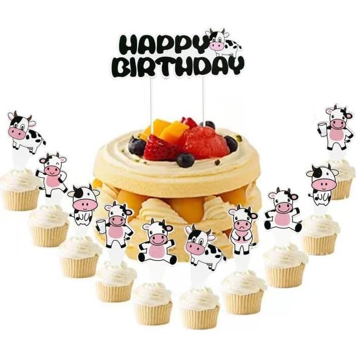Decoración de Pastel de Cumpleaños Vaca ECOTINCE con 24 Cupcakes