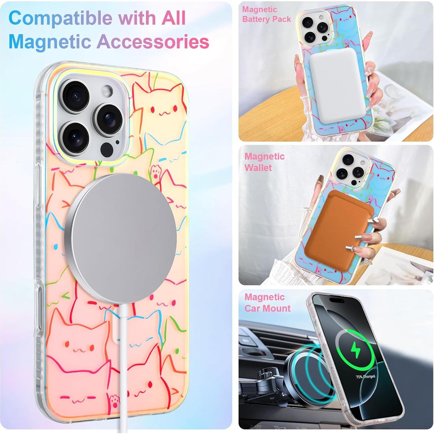 Funda Protectora iPhone 16 Pro Heaofei Gatos Iridiscentes
