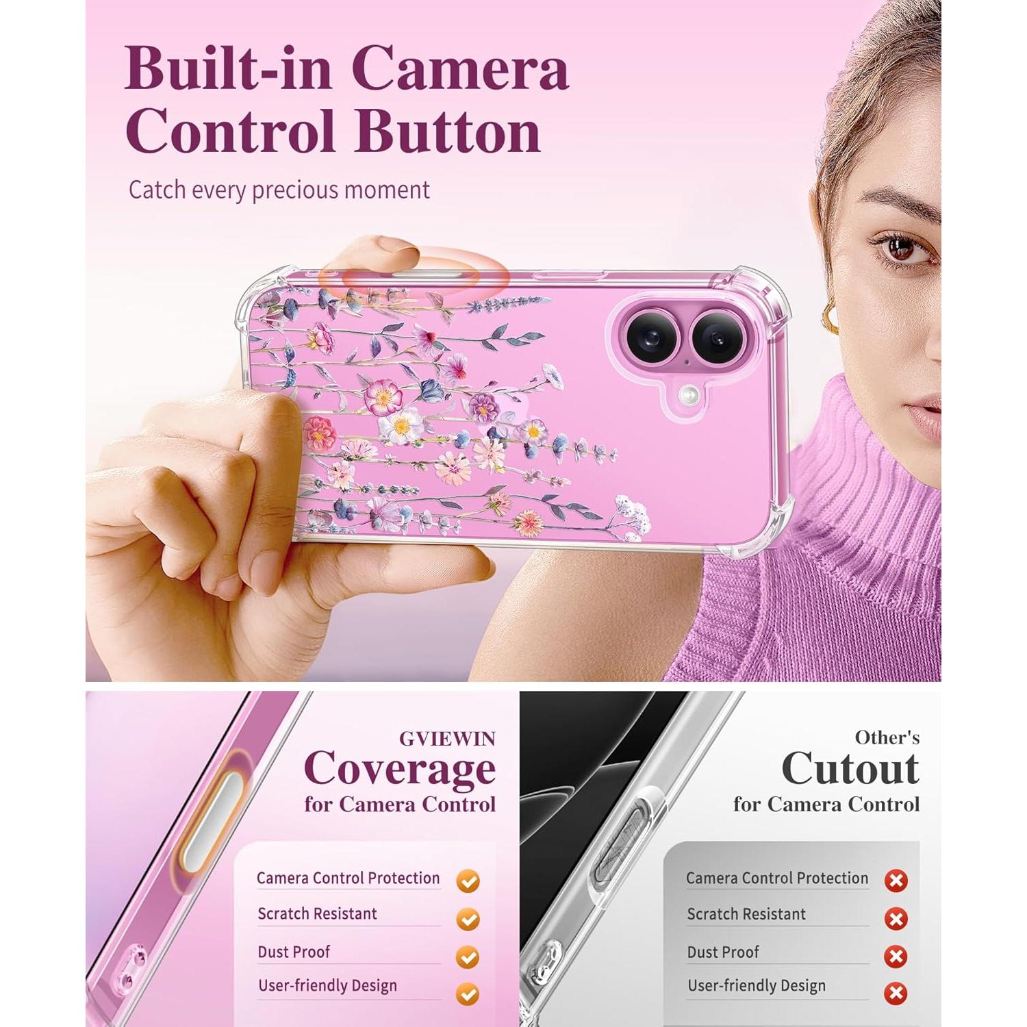 Funda GVIEWIN para iPhone 16 6.1" 2024 Floral Antichoque