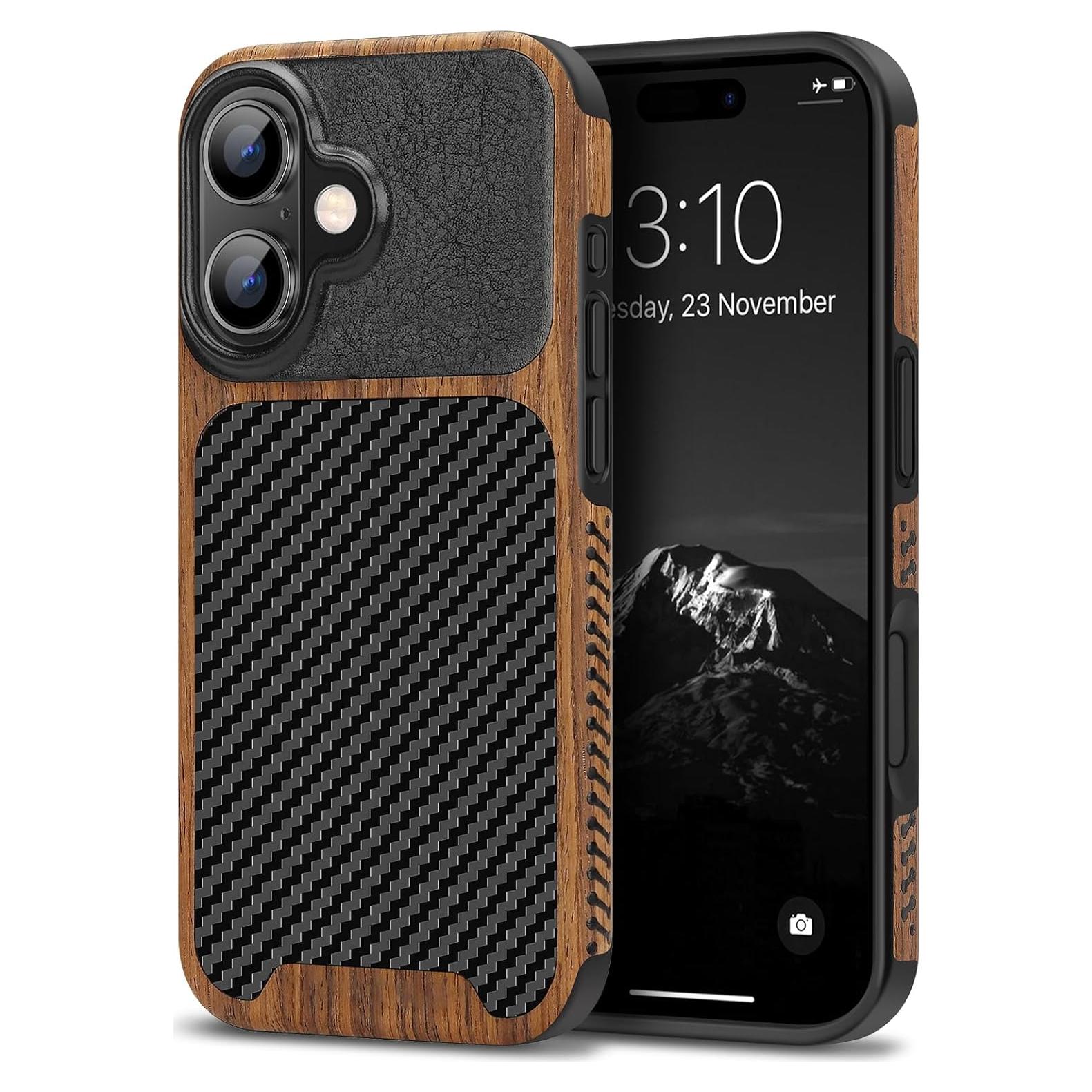 Funda Slim TENDLIN para iPhone 16 Negra - Grano de Madera y TPU