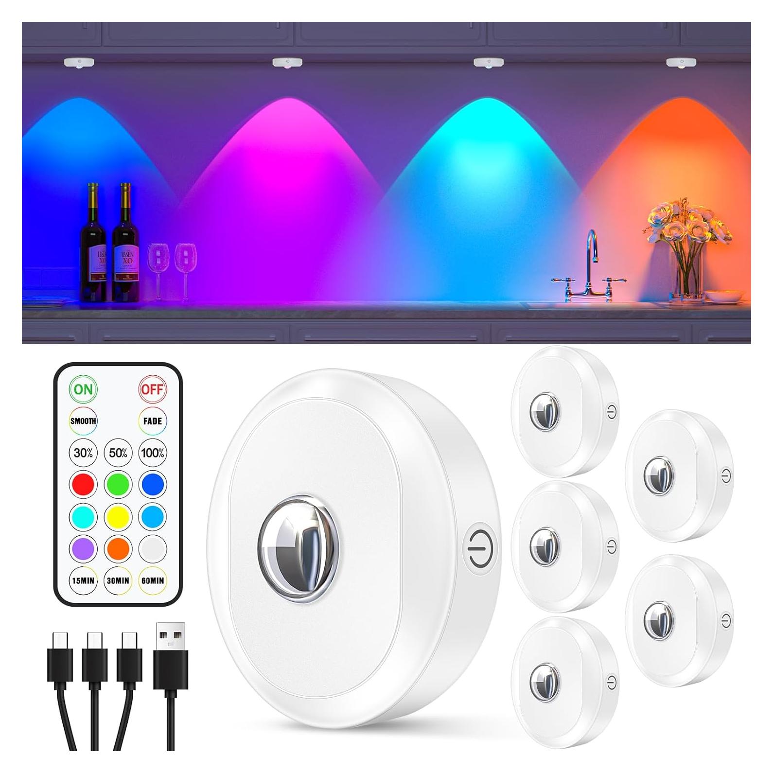 Luces Puck RGB WILLED Recargables con Control Remoto - 6 Piezas