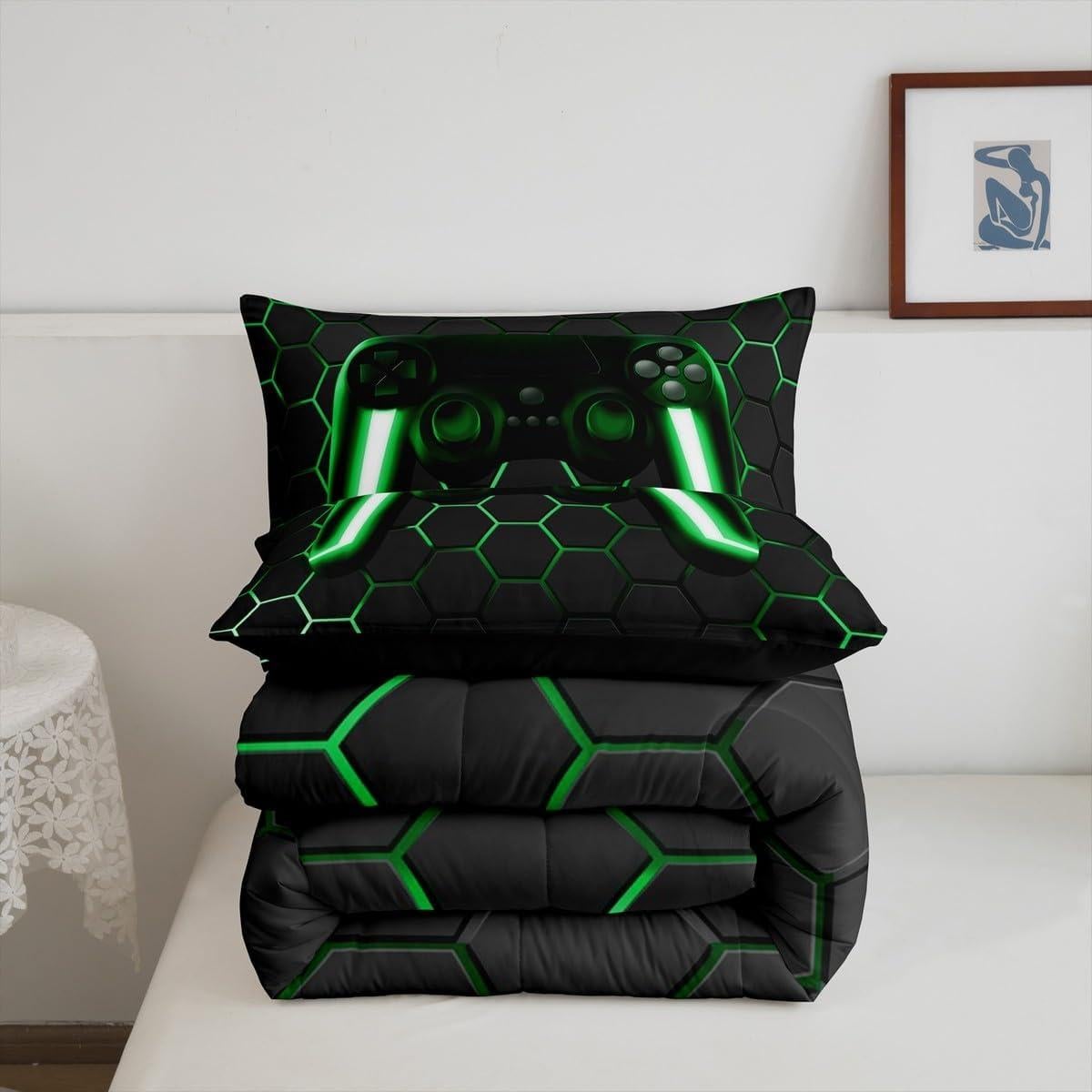 Conjunto de Edredón Twin Erosebridal Gamer Geométrico Verde