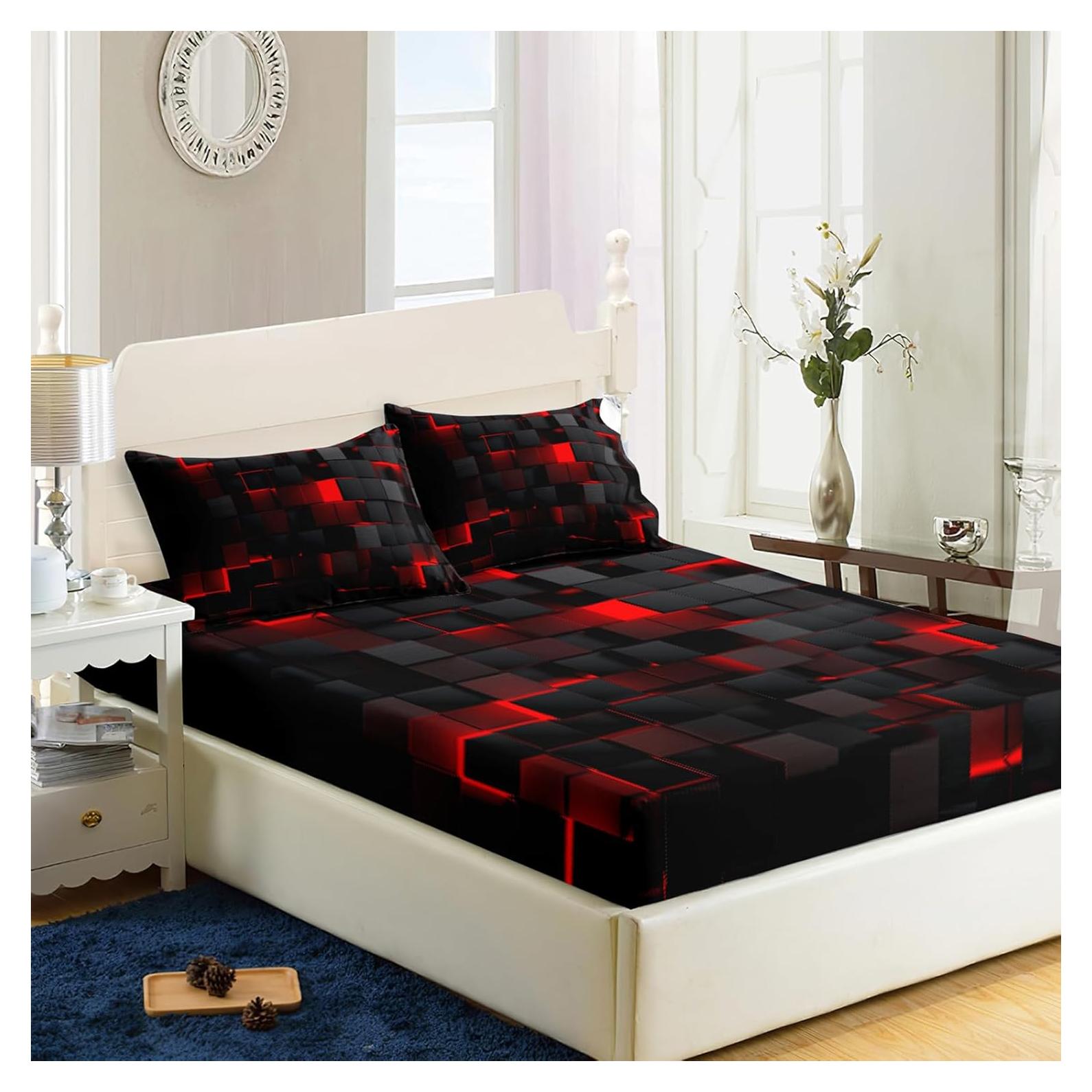 Sábana Ajustable Microfibra Completo Nttopship Geométrica Roja