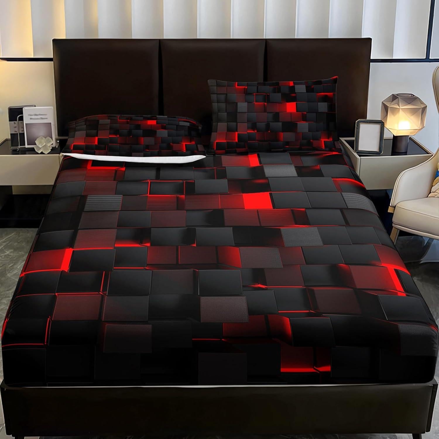 Sábana Ajustable Microfibra Completo Nttopship Geométrica Roja