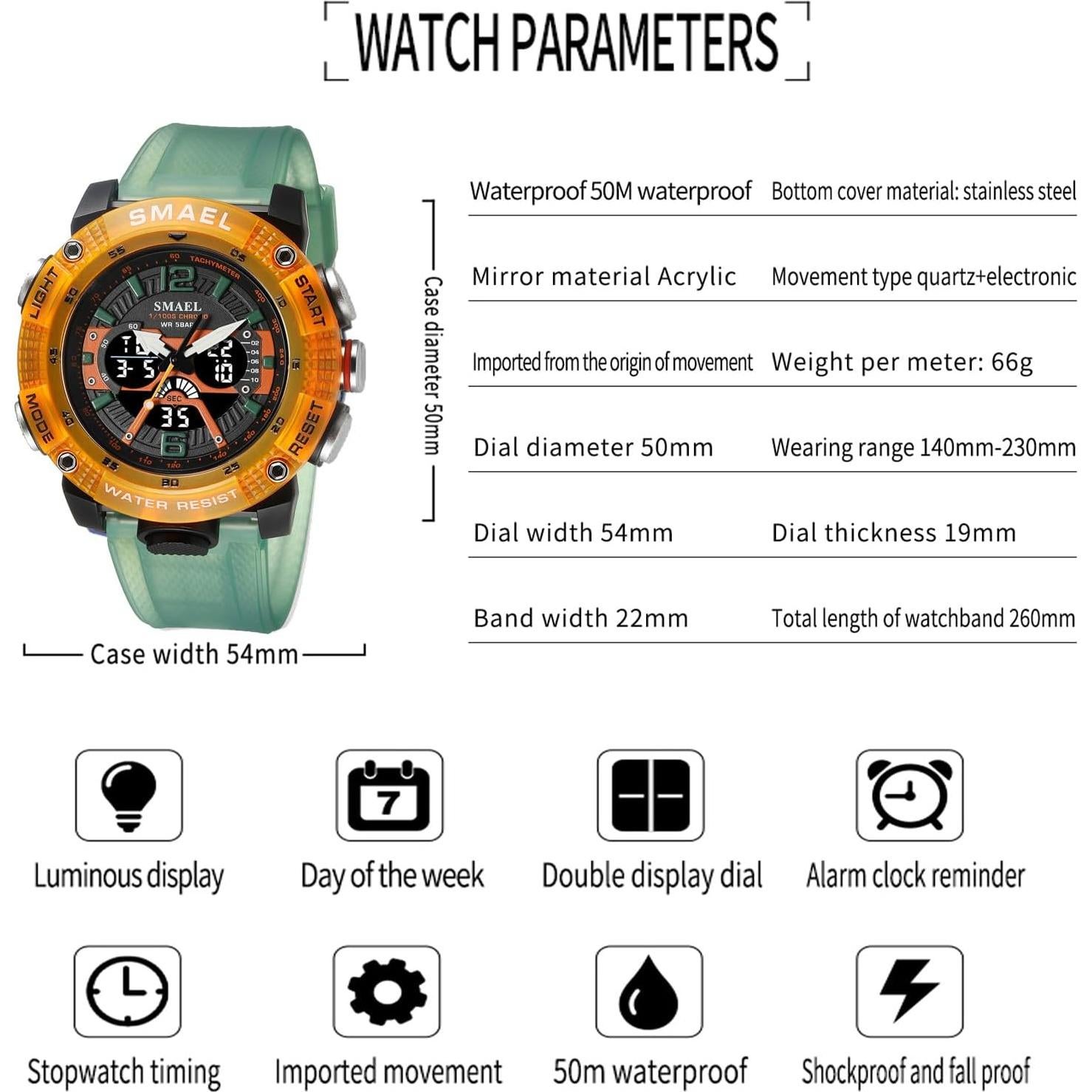 Reloj digital deportivo MASTOP 8058 verde transparente 50M