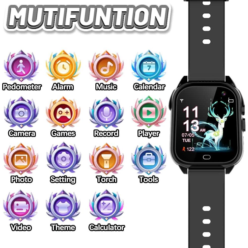OVV Kids Waterproof Smart Watch Boys Girls Age 3-12 with 26 Game 1.44'' HD Touch Screen Music Player Camera Video Recorder 12/24 Hr Clock Pedometer Alarm Torch Calculator Children Learning Toys