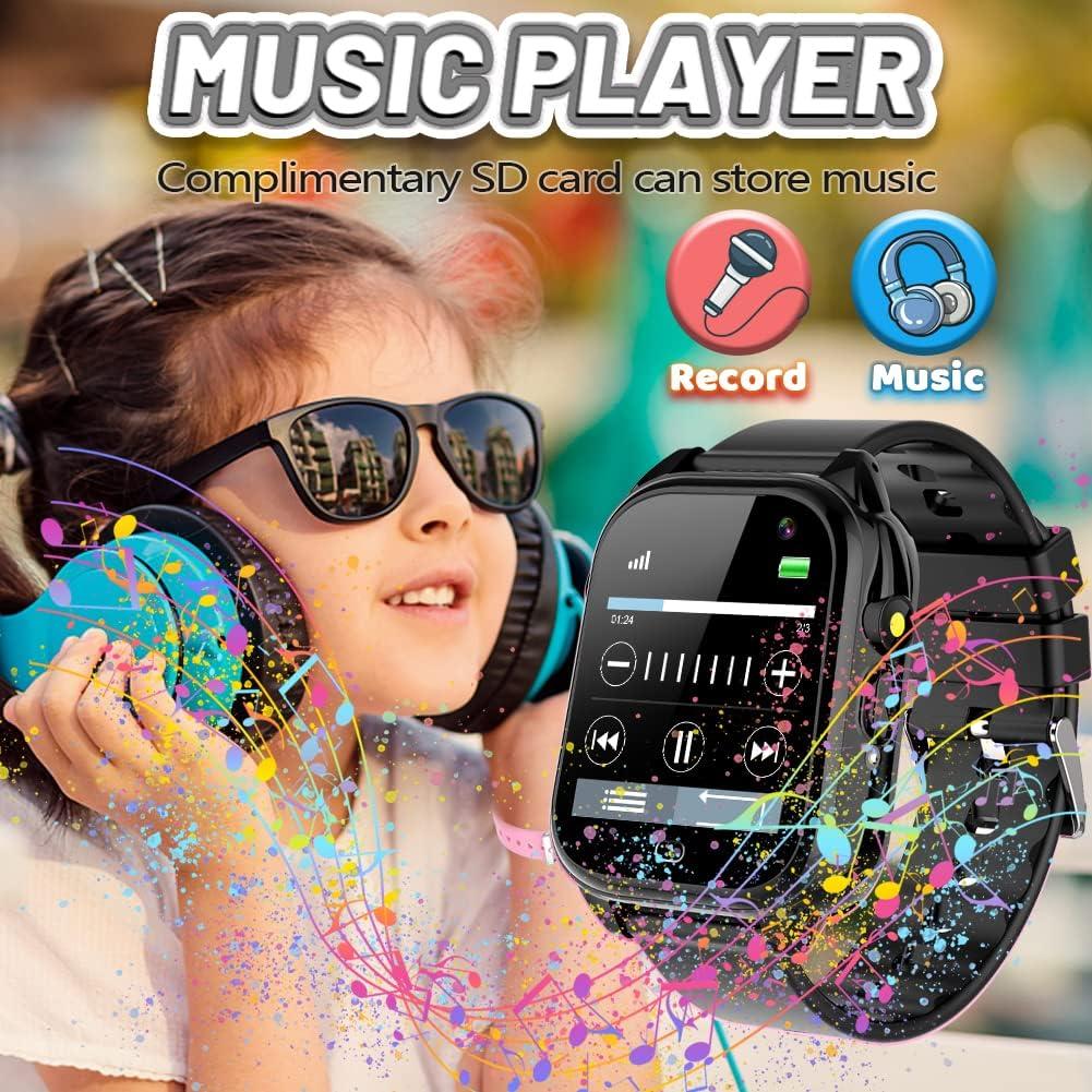 OVV Kids Waterproof Smart Watch Boys Girls Age 3-12 with 26 Game 1.44'' HD Touch Screen Music Player Camera Video Recorder 12/24 Hr Clock Pedometer Alarm Torch Calculator Children Learning Toys