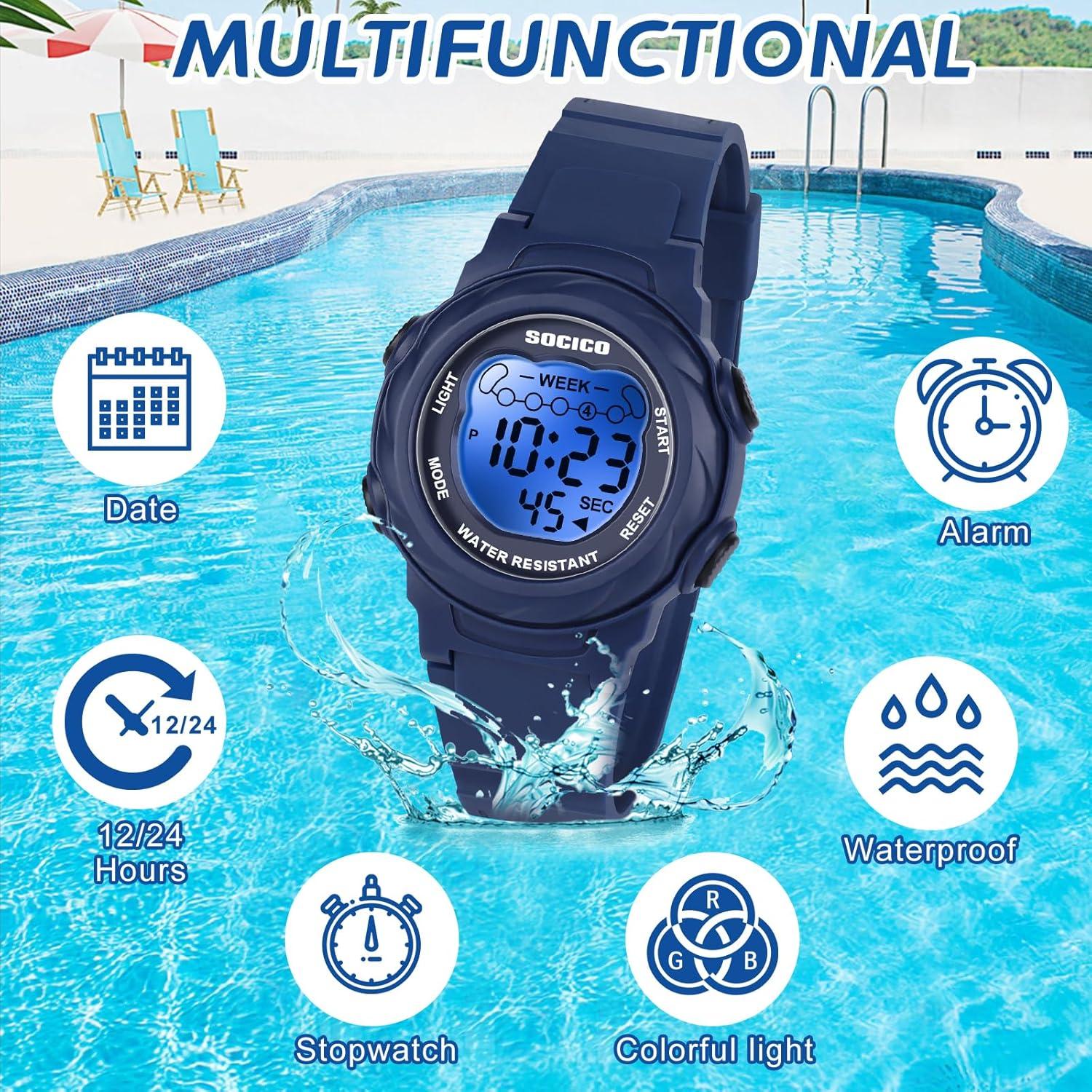Reloj Digital Impermeable SOCICO para Niños 5ATM 7 Colores
