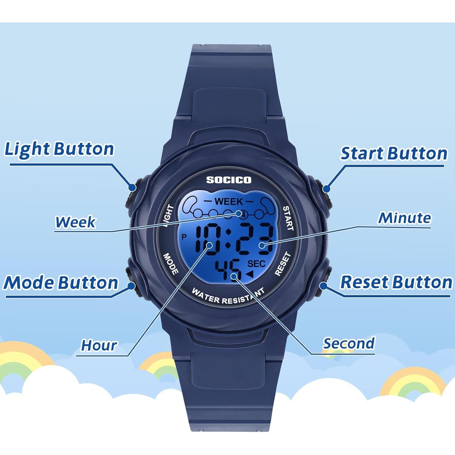 Reloj Digital Impermeable SOCICO para Niños 5ATM 7 Colores