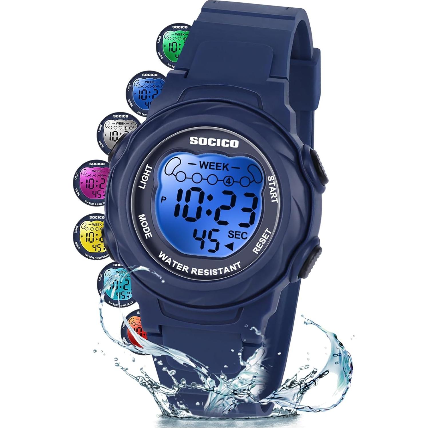 Reloj Digital Impermeable SOCICO para Niños 5ATM 7 Colores