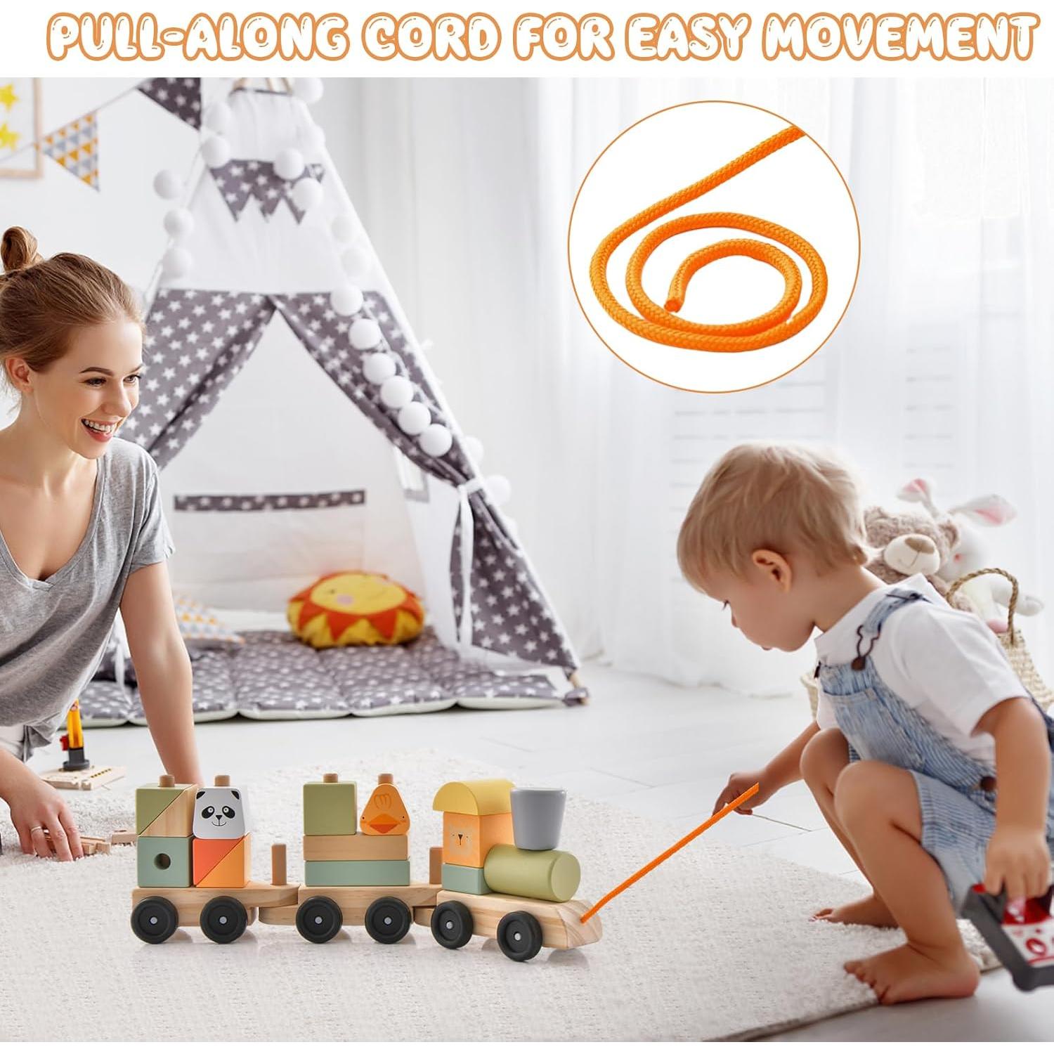 Juego de Tren de Madera HONEY JOY 3 Vagones y 15 Bloques