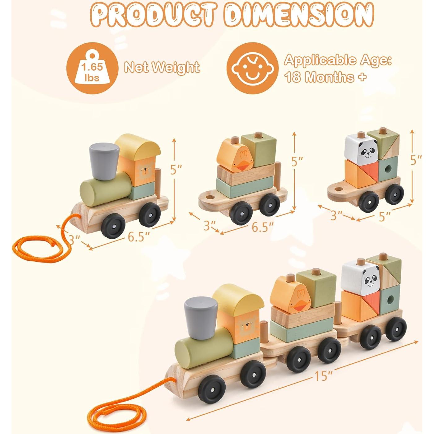 Juego de Tren de Madera HONEY JOY 3 Vagones y 15 Bloques