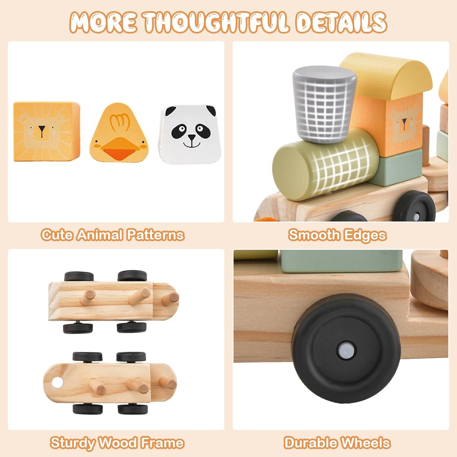 Juego de Tren de Madera HONEY JOY 3 Vagones y 15 Bloques