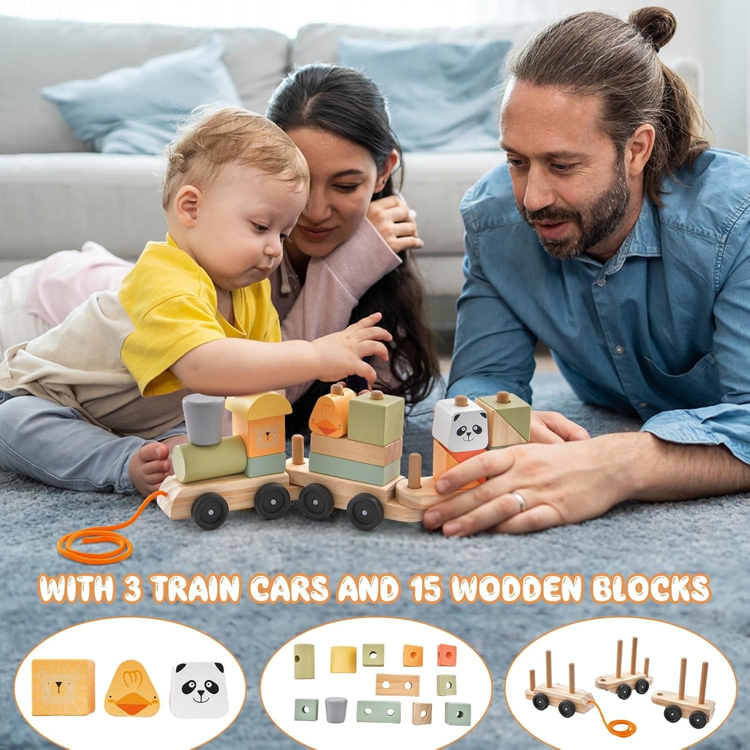 Juego de Tren de Madera HONEY JOY 3 Vagones y 15 Bloques