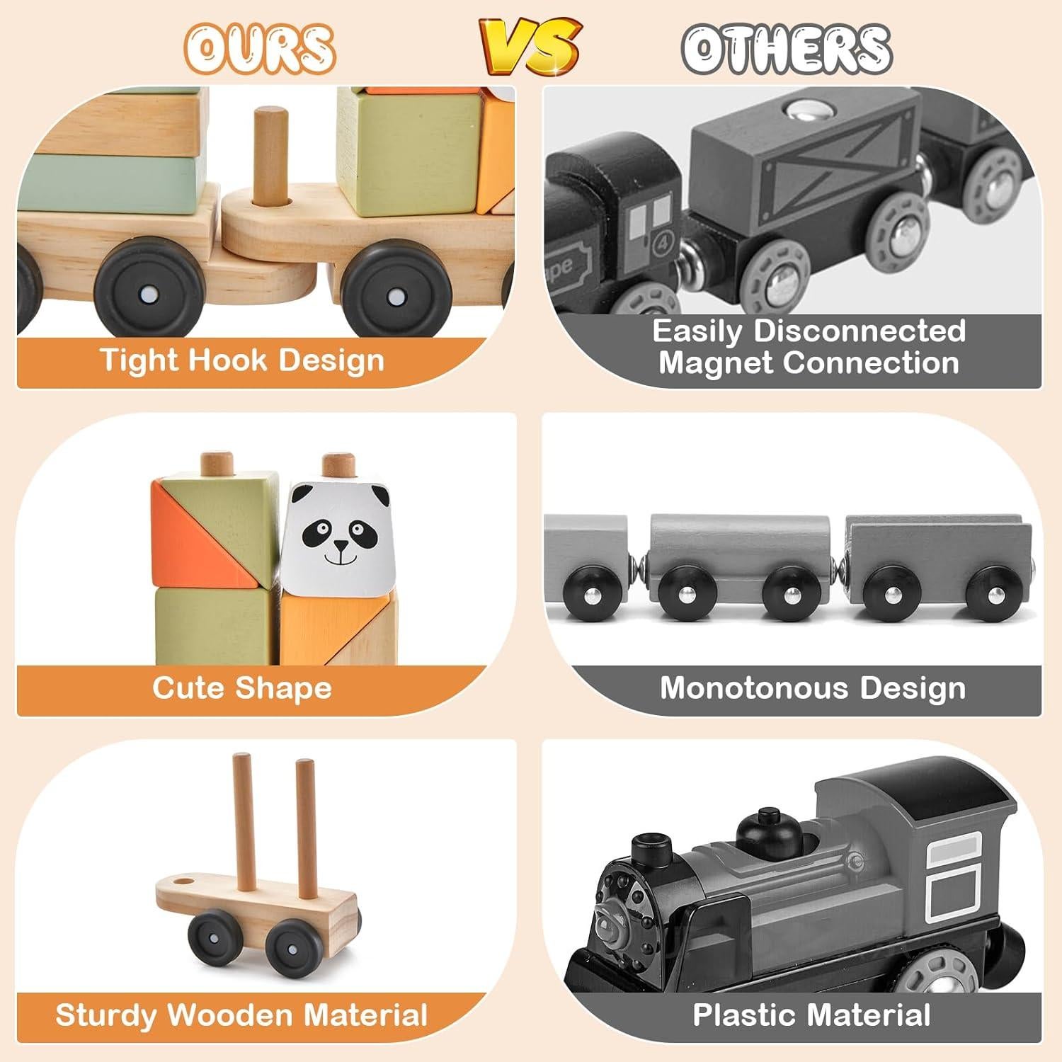 Juego de Tren de Madera HONEY JOY 3 Vagones y 15 Bloques