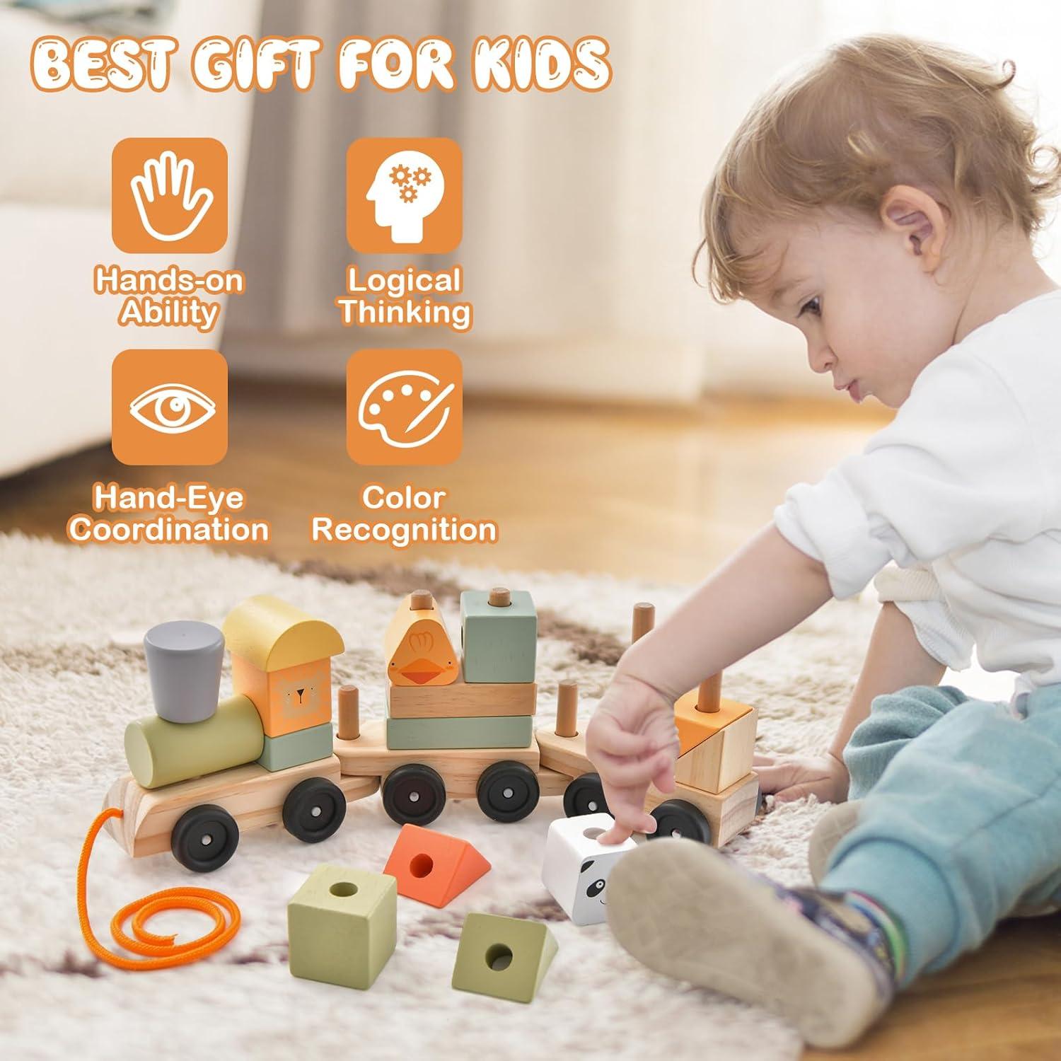 Juego de Tren de Madera HONEY JOY 3 Vagones y 15 Bloques