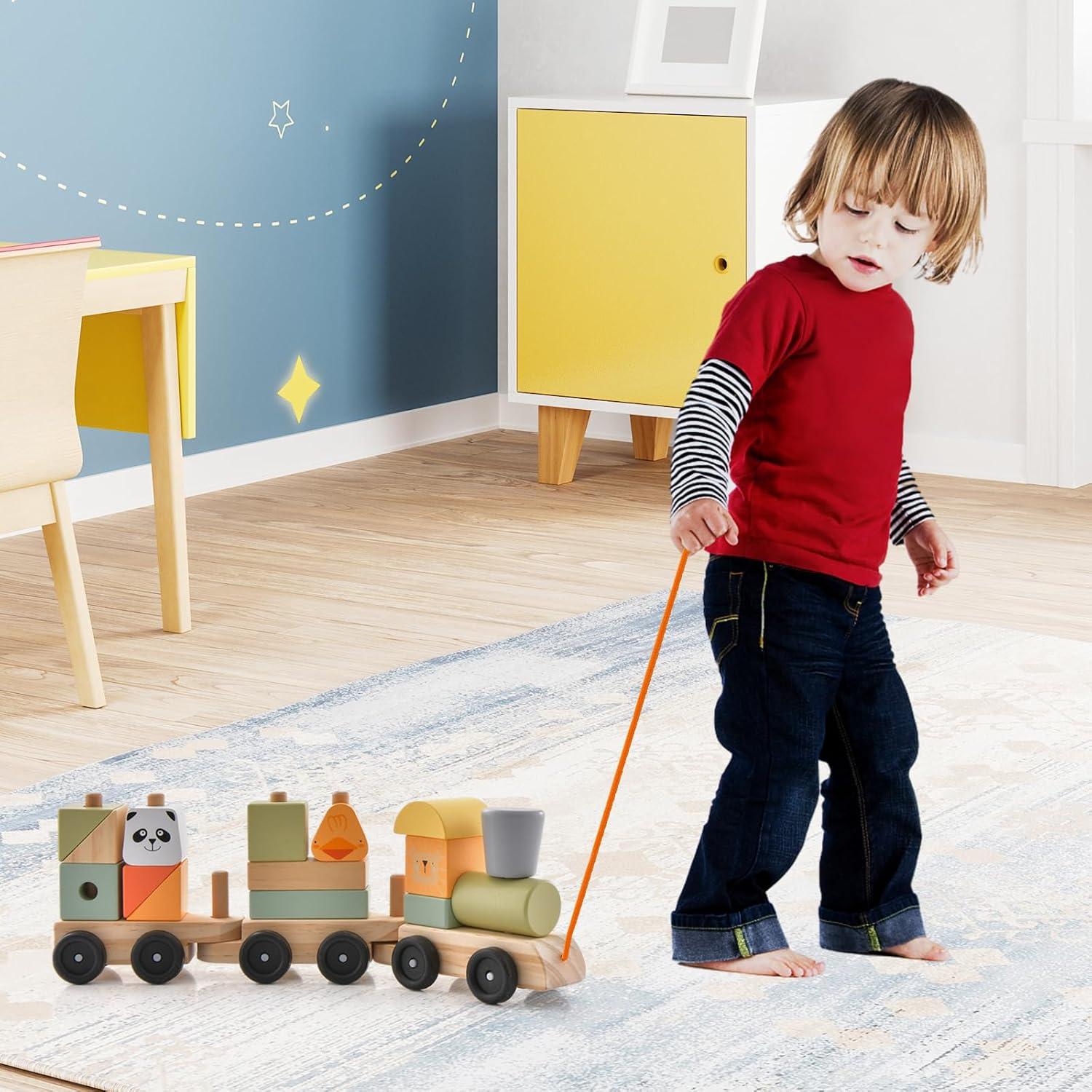 Juego de Tren de Madera HONEY JOY 3 Vagones y 15 Bloques