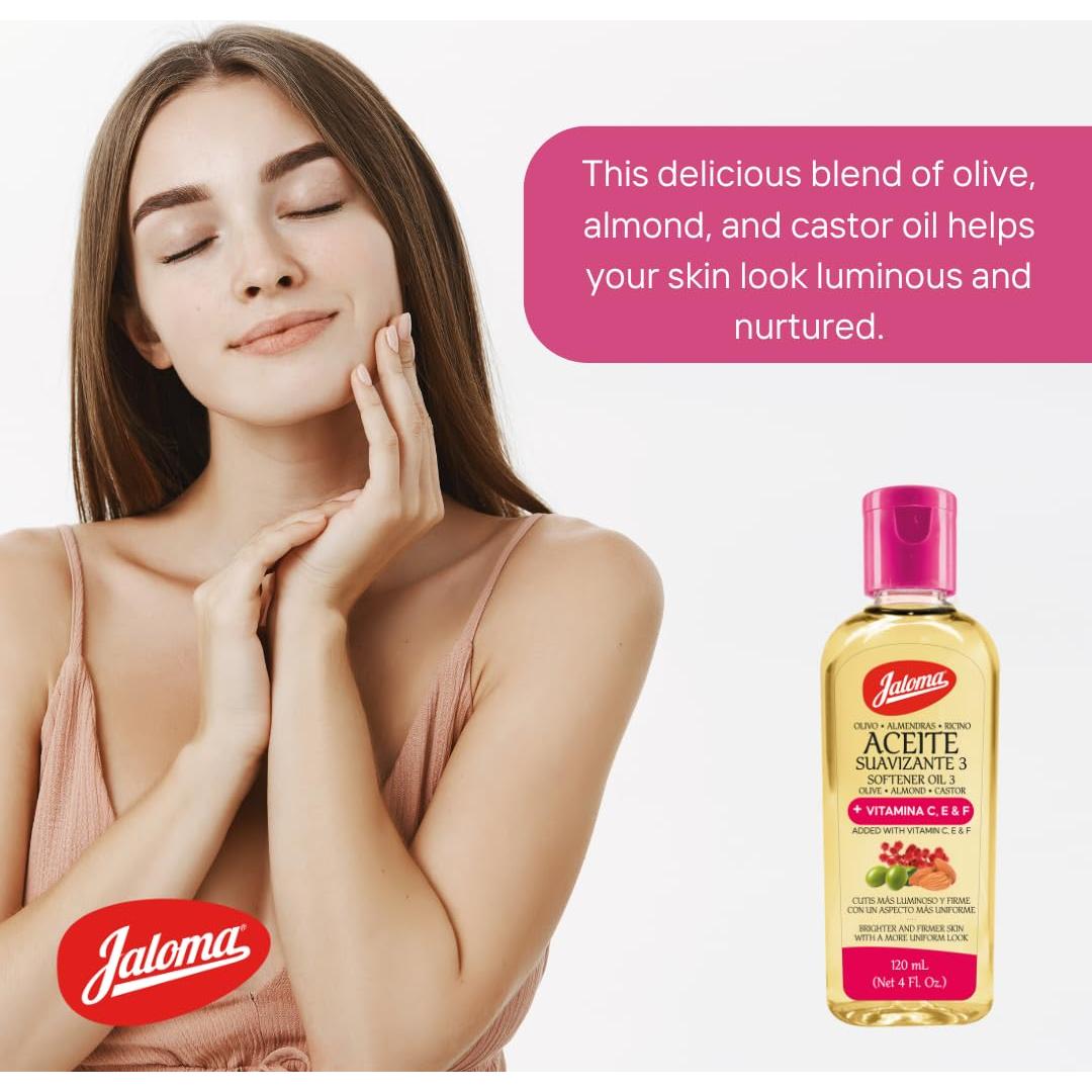 Jaloma 3-Oil Blend – Olive, Almond & Castor Oils with Vitamins C, E & F to Support Firmer, Even-Looking Skin, 4 FL Oz Bottle.