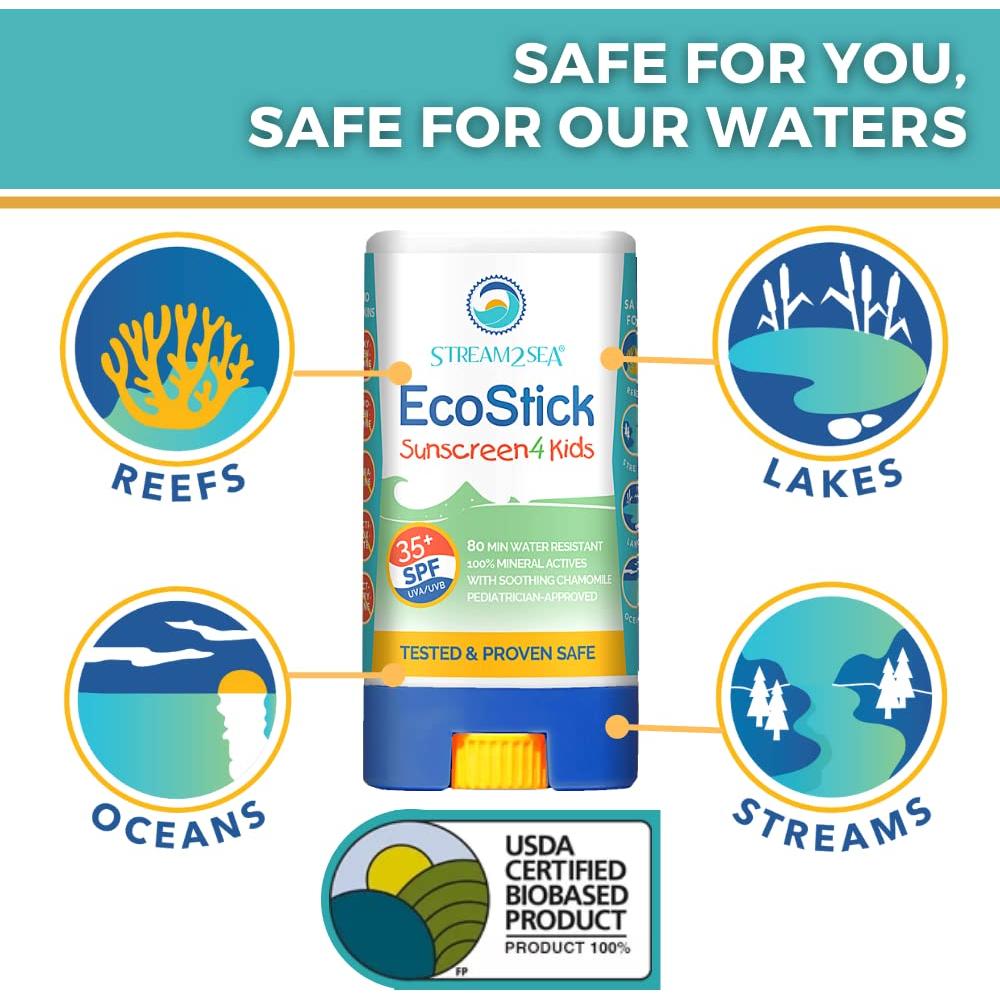 STREAM2SEA EcoStick SPF 35 Mineral Sunscreen Stick, Sweat Water Resistant Sunblock, USDA Approved Biodegradable Paraben Free Reef Safe Sunscreen Protection Against UVA UVB (EcoStick Kids) - 0.5 oz