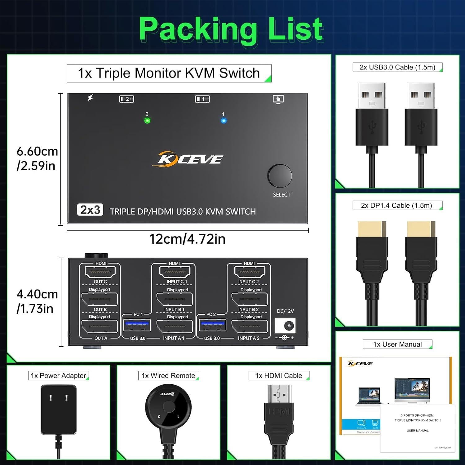KVM Switch 3 Monitores Camgeet 8K 60Hz 4K 144Hz USB 3.0