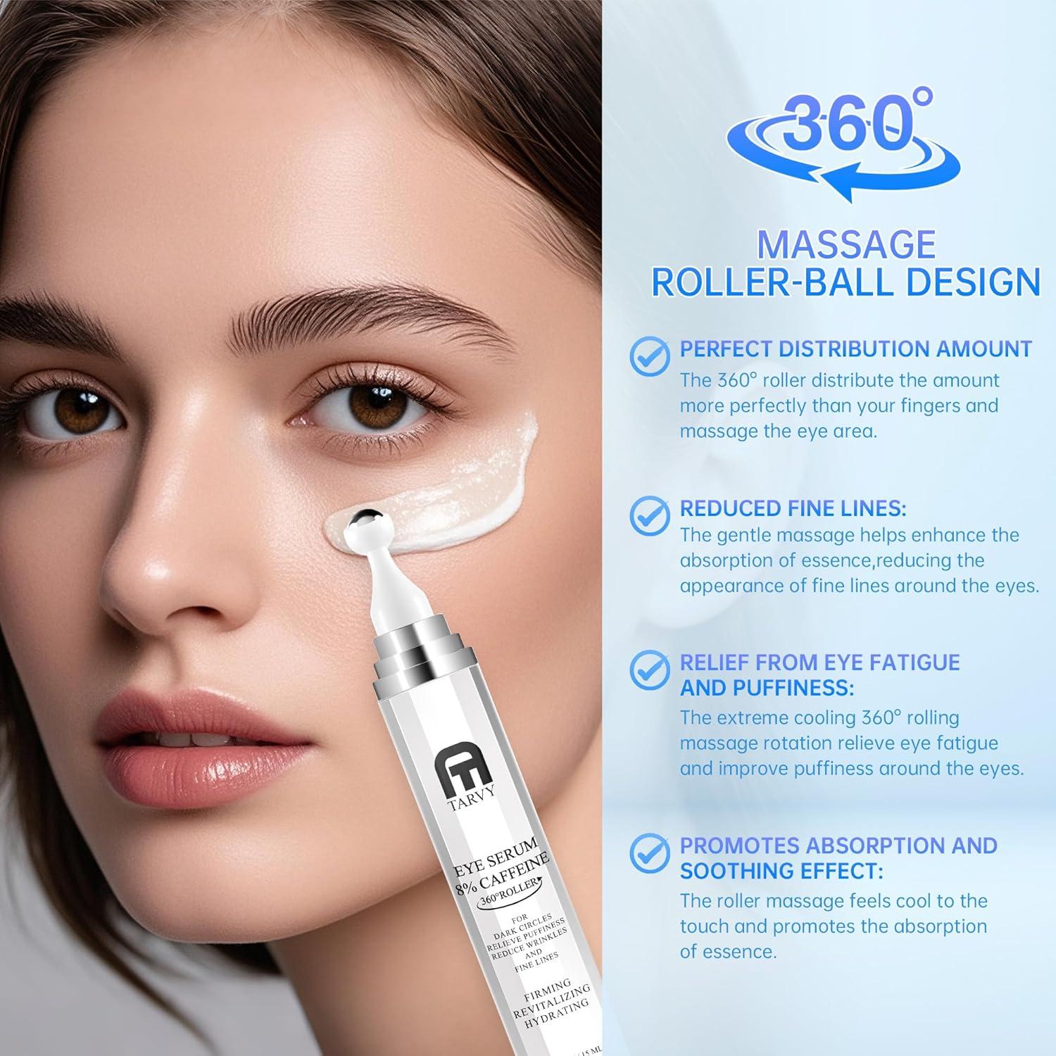 Suero para Ojos TARVY con 8% Cafeína y Bola de Masaje
