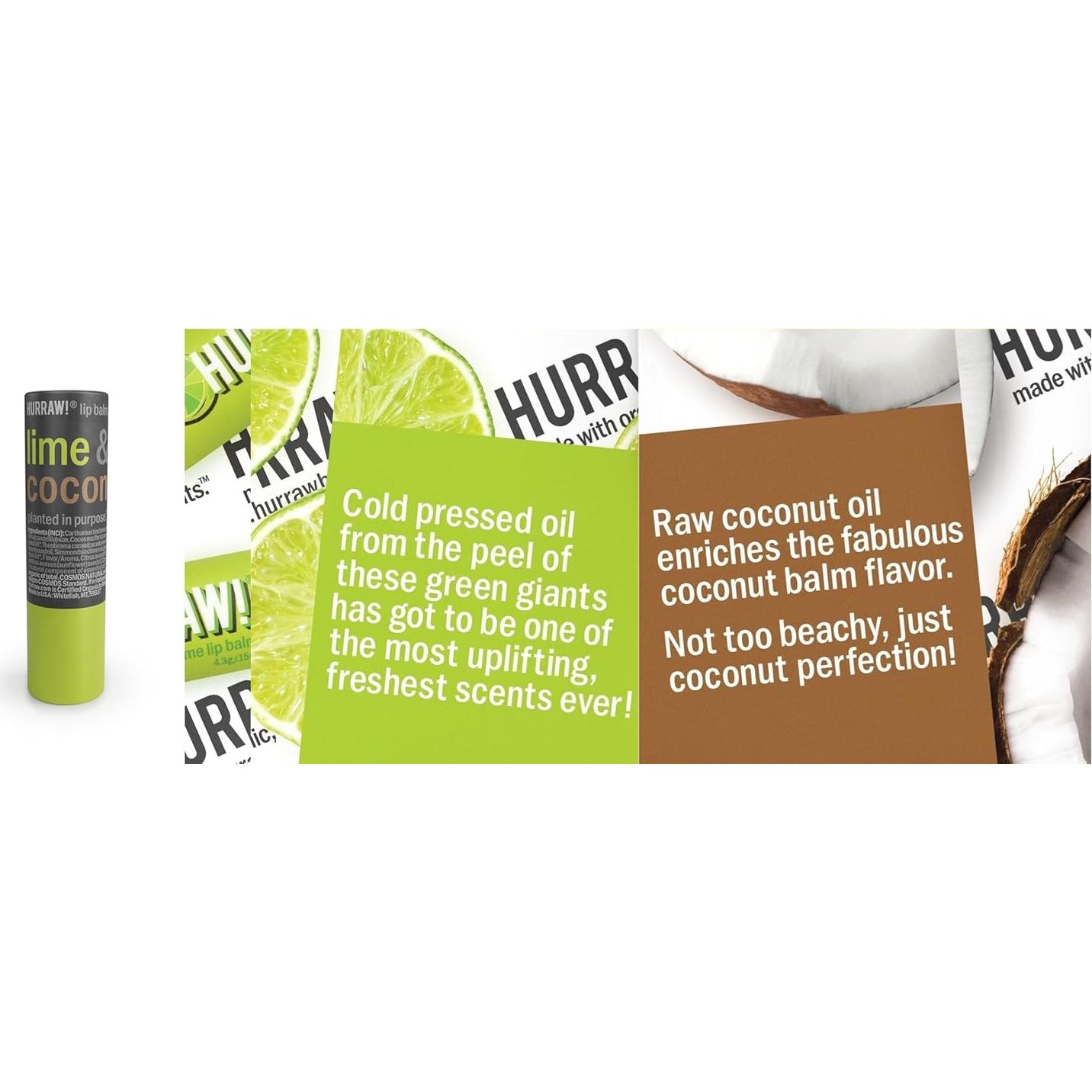 Bálsamo Labial Orgánico Hurraw! Lima y Coco 4.8g Sin Plástico