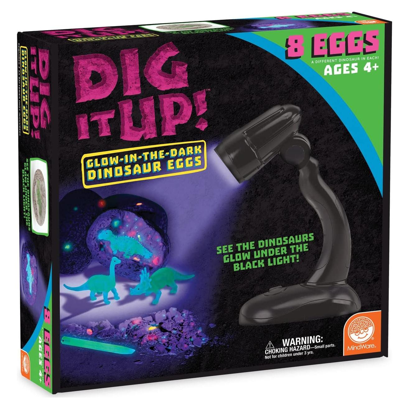 MindWare Dig It Up Glow in The Dark Dinosaurs – STEM Dig Kit for Kids, Includes 8 Dinosaur Excavation Projects That Really Glow, Ages 4+