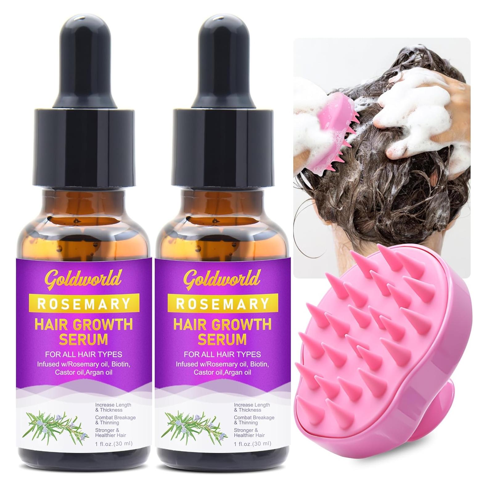 Suero de Crecimiento del Cabello Goldworld con Aceite de Romero y Masajador - 2 Paquetes