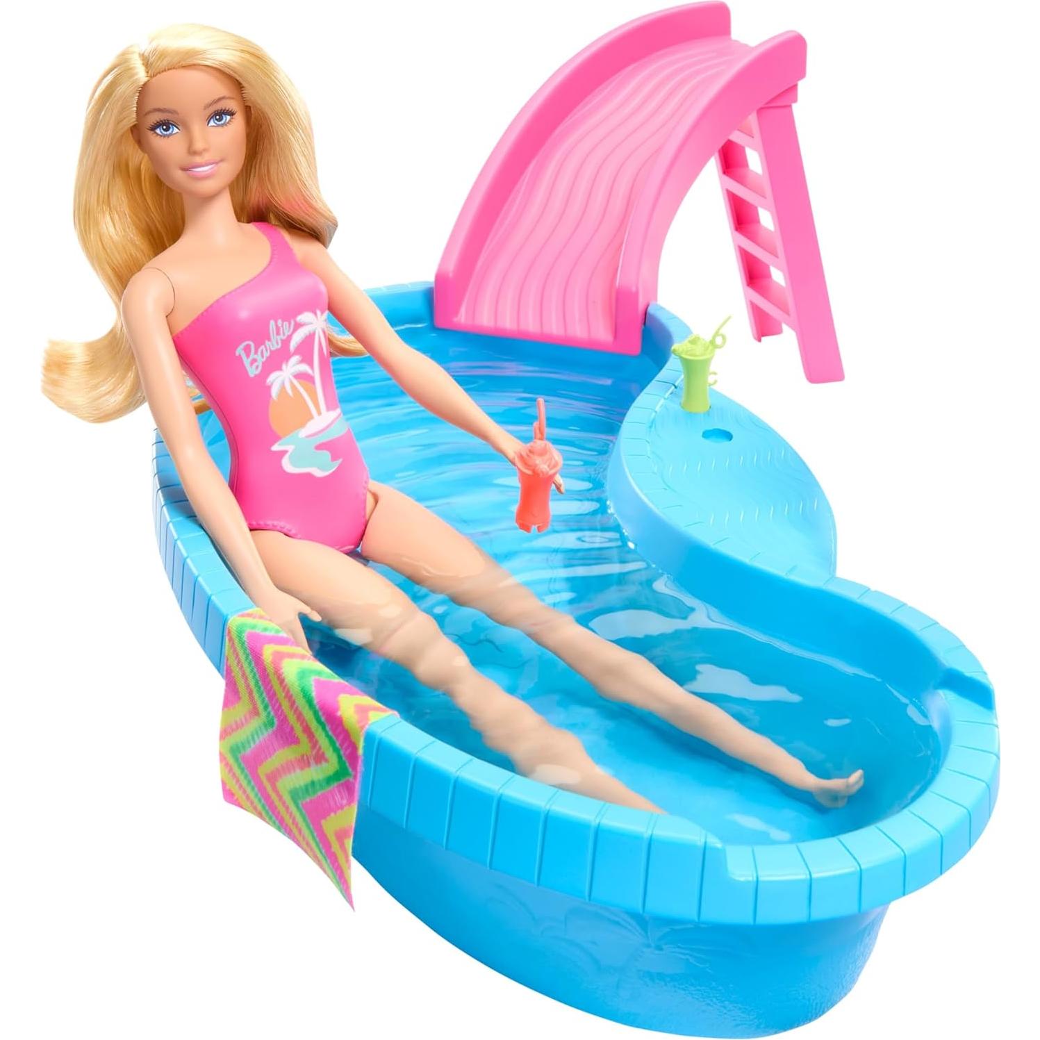 Muñeca Barbie Rubia en Traje de Baño Rosa con Piscina