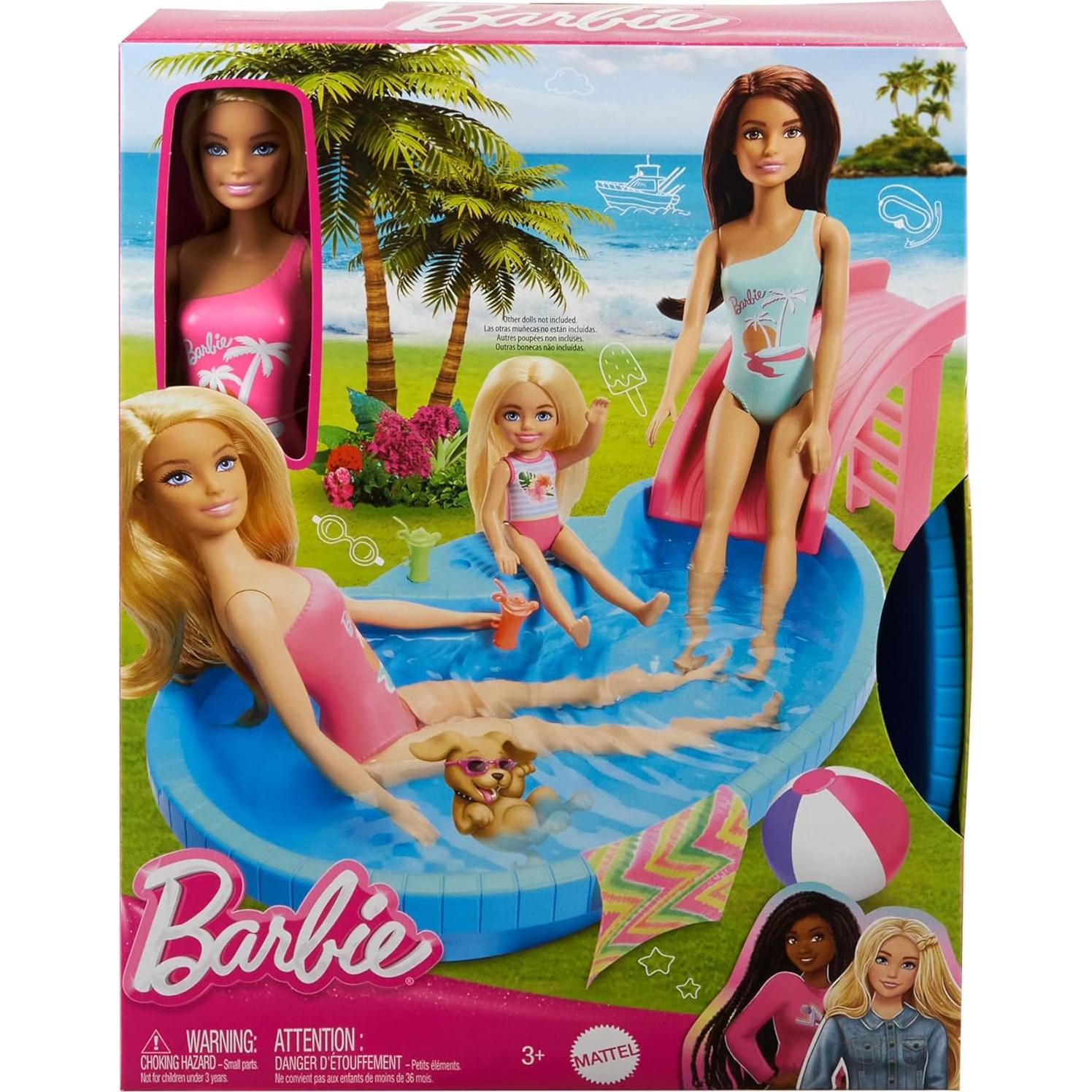 Muñeca Barbie Rubia en Traje de Baño Rosa con Piscina