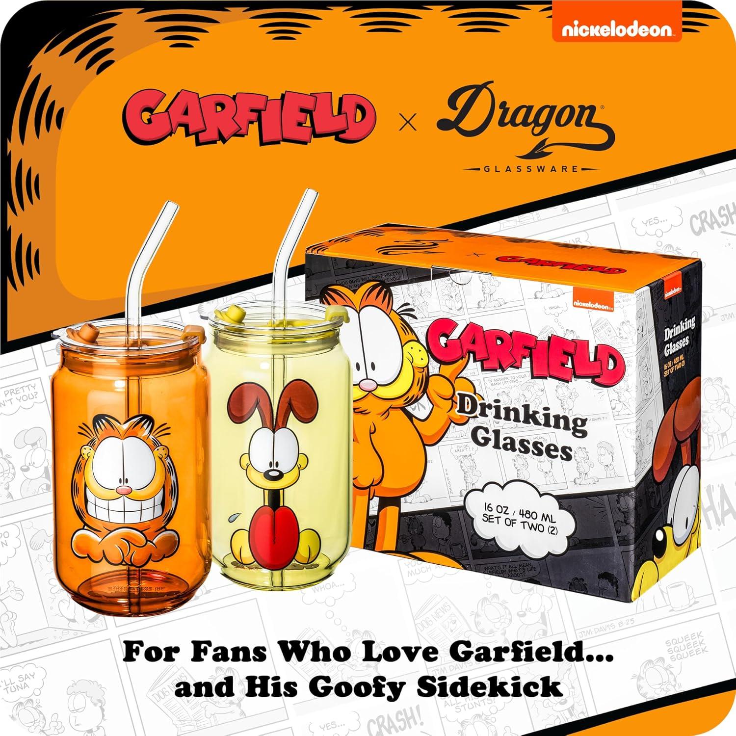 Vasos de vidrio Dragon Glassware Garfield 16 oz set 2 con tapa