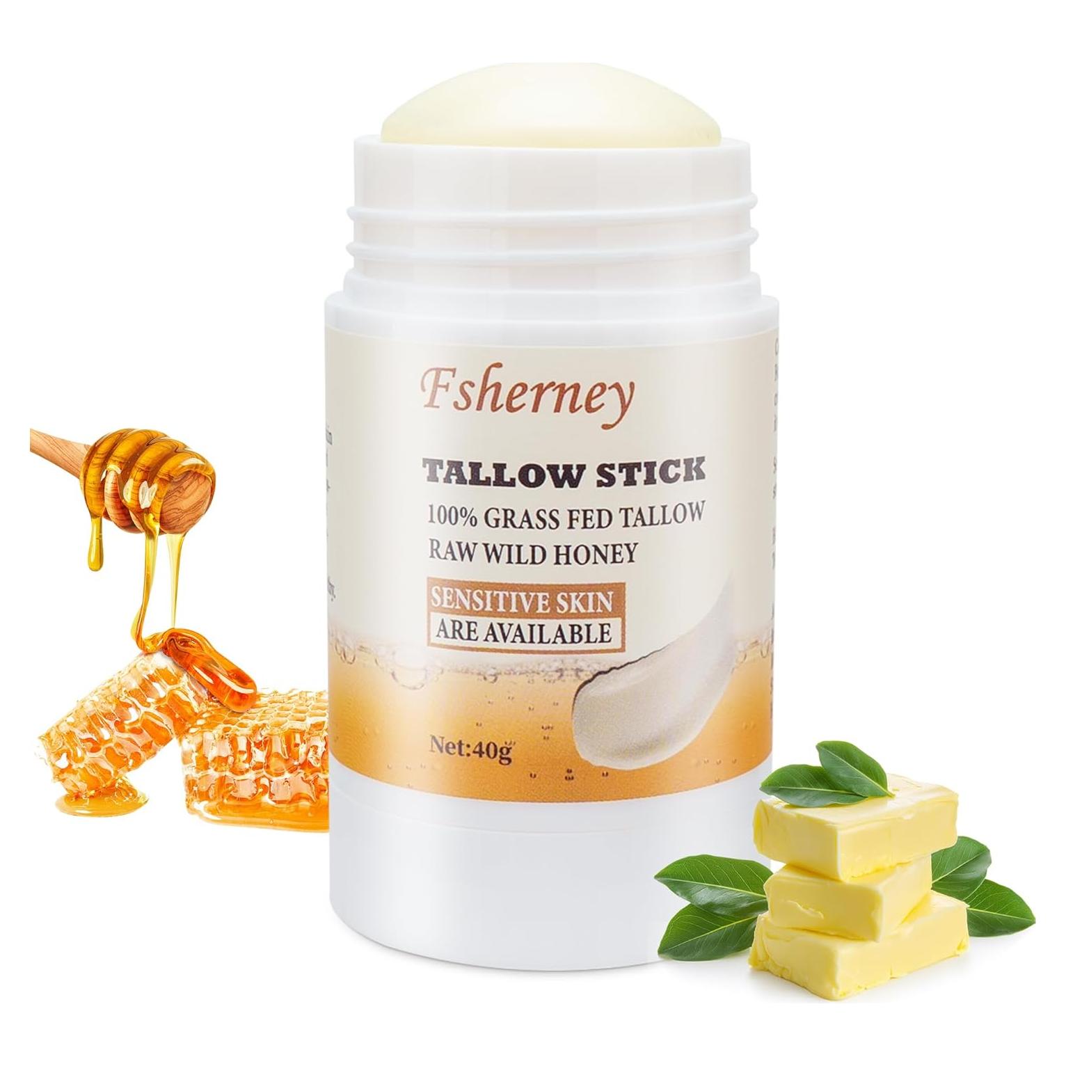 Fsherney Tallow and Honey Balm Stick, Grass-Fed Beef Tallow for Skin, Vitamin E Olive Oil Moisturizing Stick for Soft Smooth Skin, Natural Handmade Moisturizer (40g, Unscented)