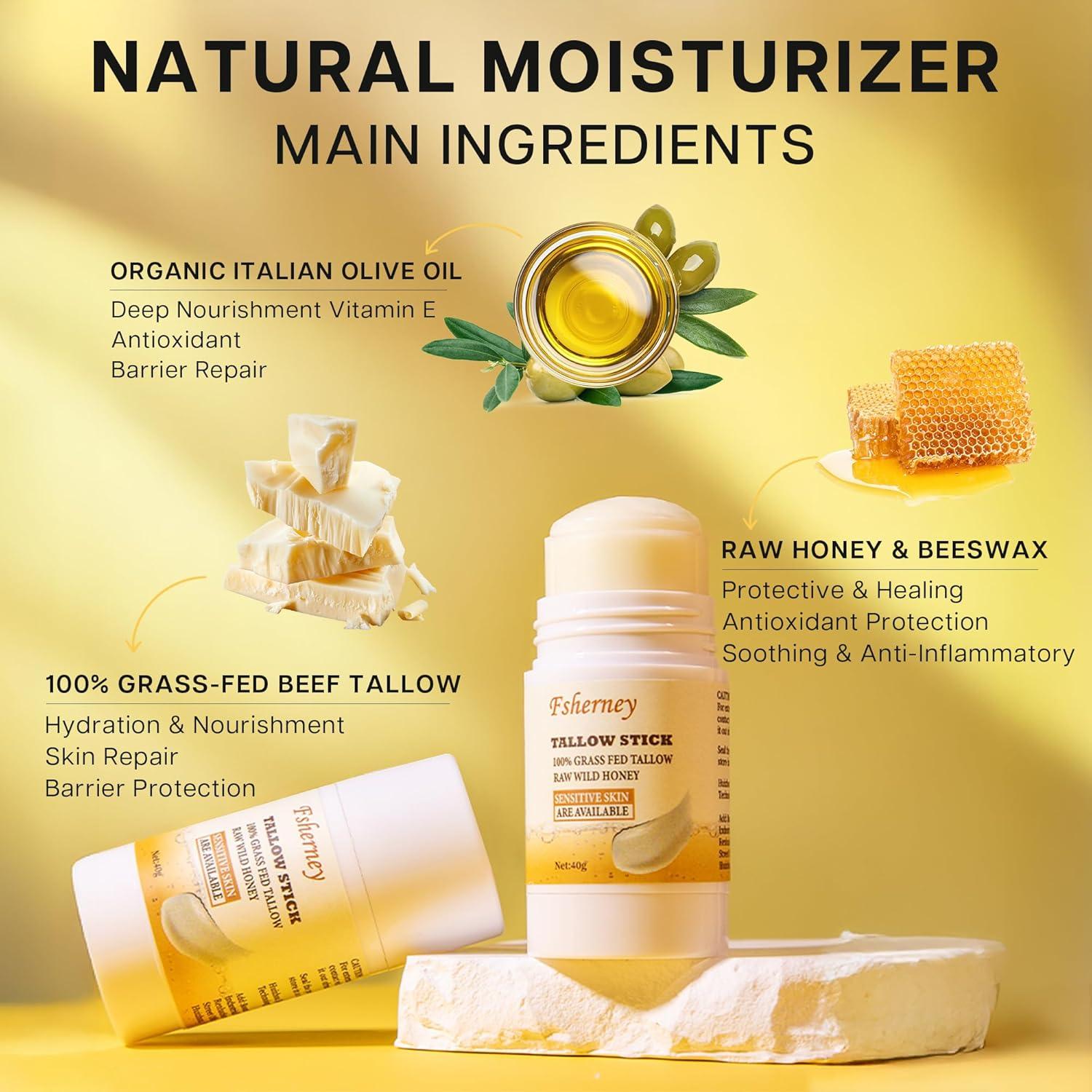 Fsherney Tallow and Honey Balm Stick, Grass-Fed Beef Tallow for Skin, Vitamin E Olive Oil Moisturizing Stick for Soft Smooth Skin, Natural Handmade Moisturizer (40g, Unscented)