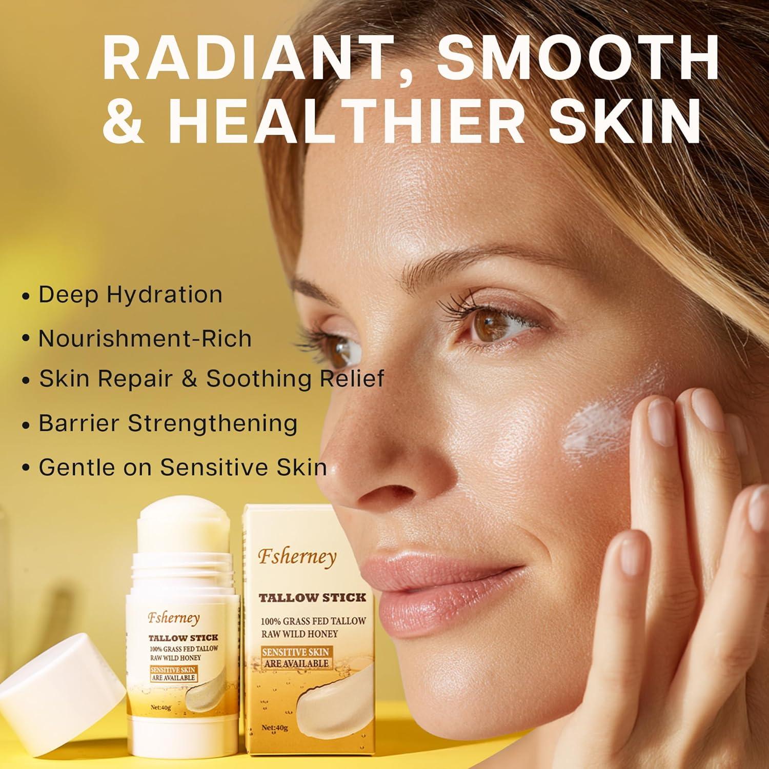 Fsherney Tallow and Honey Balm Stick, Grass-Fed Beef Tallow for Skin, Vitamin E Olive Oil Moisturizing Stick for Soft Smooth Skin, Natural Handmade Moisturizer (40g, Unscented)