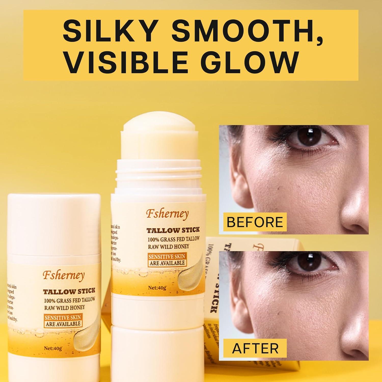 Fsherney Tallow and Honey Balm Stick, Grass-Fed Beef Tallow for Skin, Vitamin E Olive Oil Moisturizing Stick for Soft Smooth Skin, Natural Handmade Moisturizer (40g, Unscented)