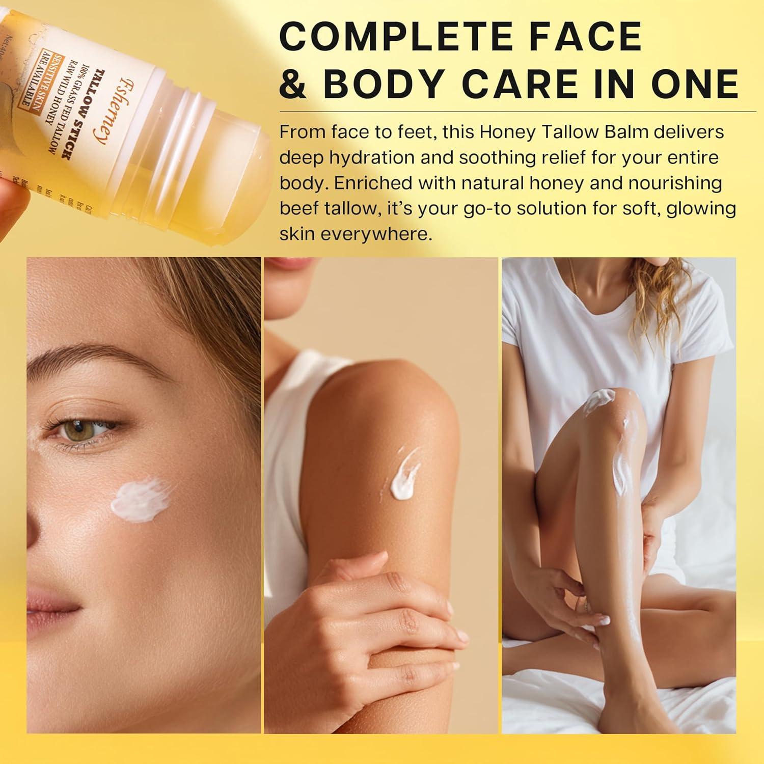 Fsherney Tallow and Honey Balm Stick, Grass-Fed Beef Tallow for Skin, Vitamin E Olive Oil Moisturizing Stick for Soft Smooth Skin, Natural Handmade Moisturizer (40g, Unscented)