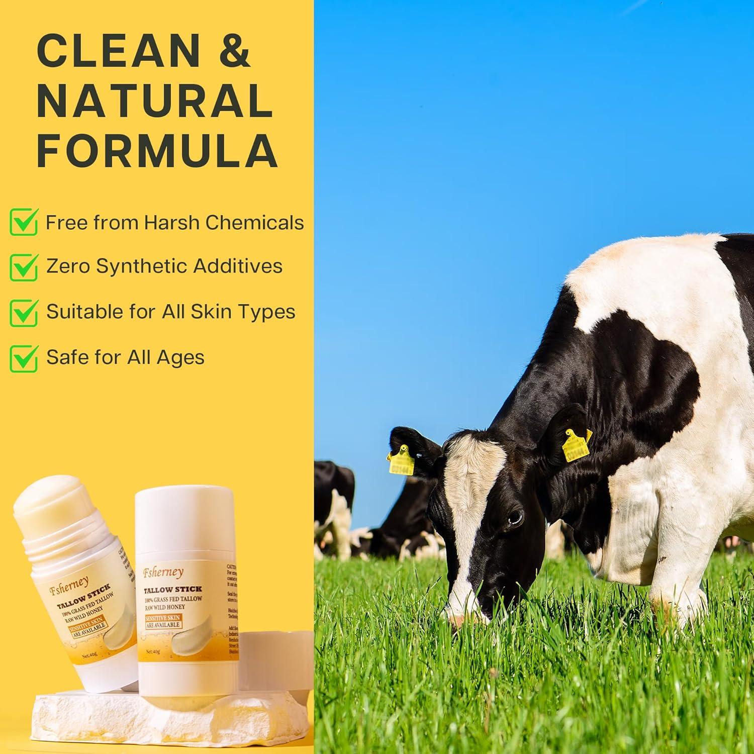 Fsherney Tallow and Honey Balm Stick, Grass-Fed Beef Tallow for Skin, Vitamin E Olive Oil Moisturizing Stick for Soft Smooth Skin, Natural Handmade Moisturizer (40g, Unscented)