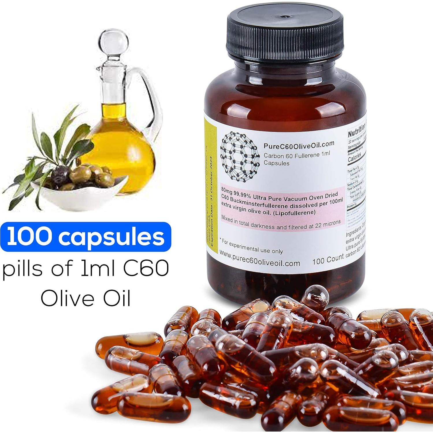 Cápsulas de Aceite de Oliva Orgánico C60 PureC60 100ml - 80mg