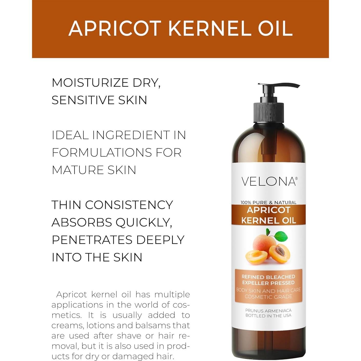 Aceite de Hueso de Albaricoque Velona 236 ml 100% Puro y Natural