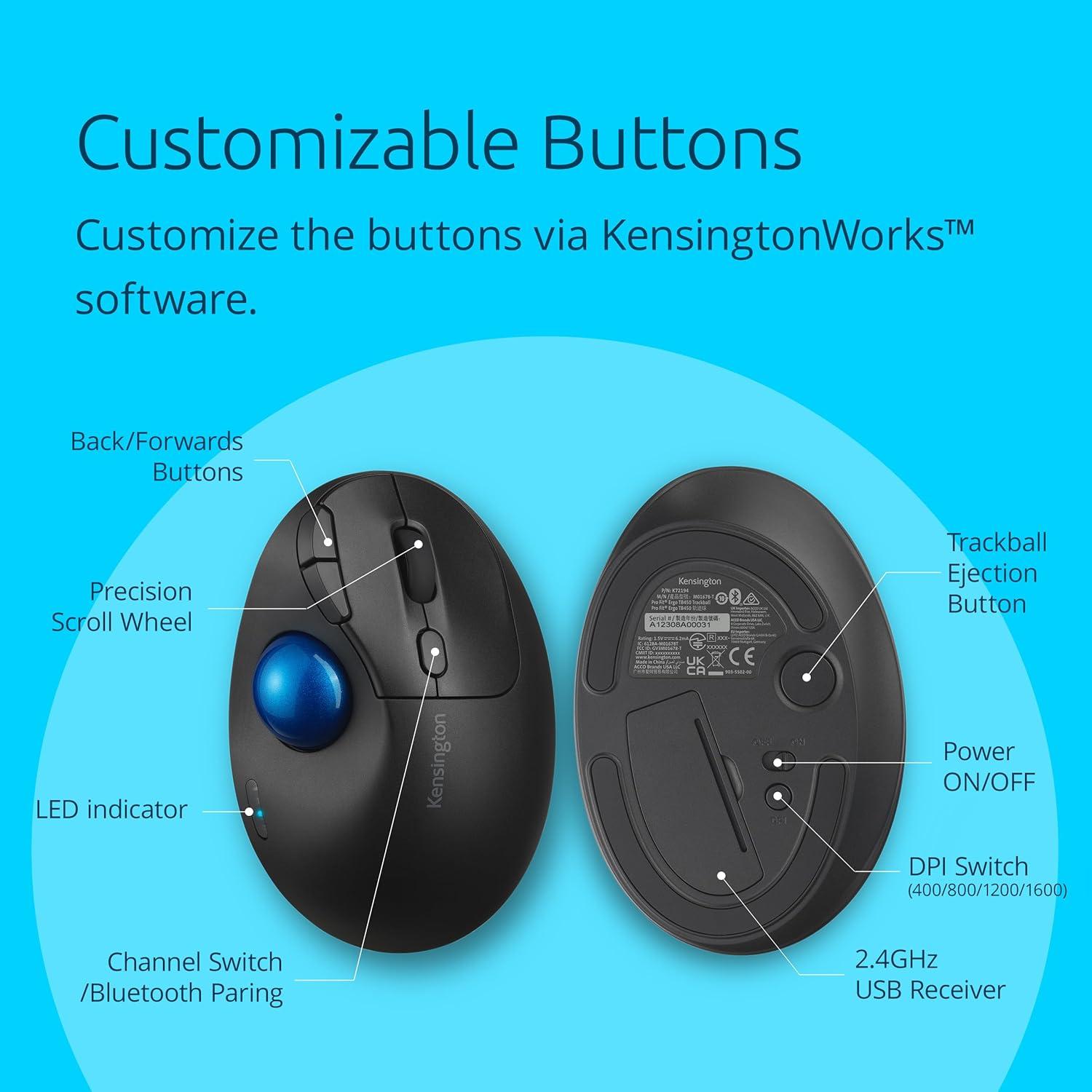 Kensington Ratón Trackball ProFit Ergo TB450 Inalámbrico